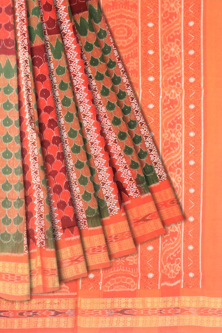 A Sambalpuri cotton Saree in Orange color body leaf design and ikat Border with blouse piece. - Koshali Arts & Crafts Enterprise