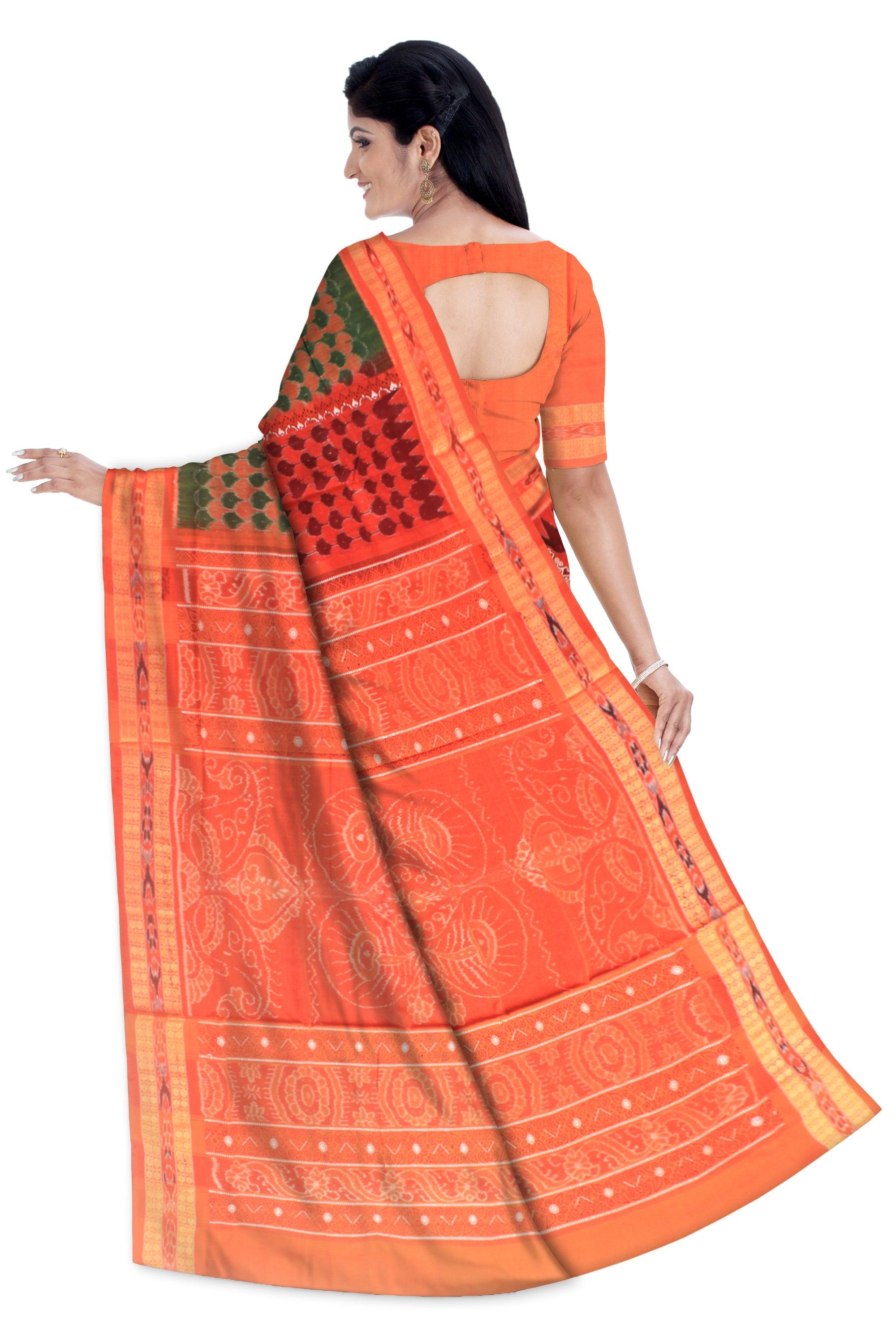 A Sambalpuri cotton Saree in Orange color body leaf design and ikat Border with blouse piece. - Koshali Arts & Crafts Enterprise