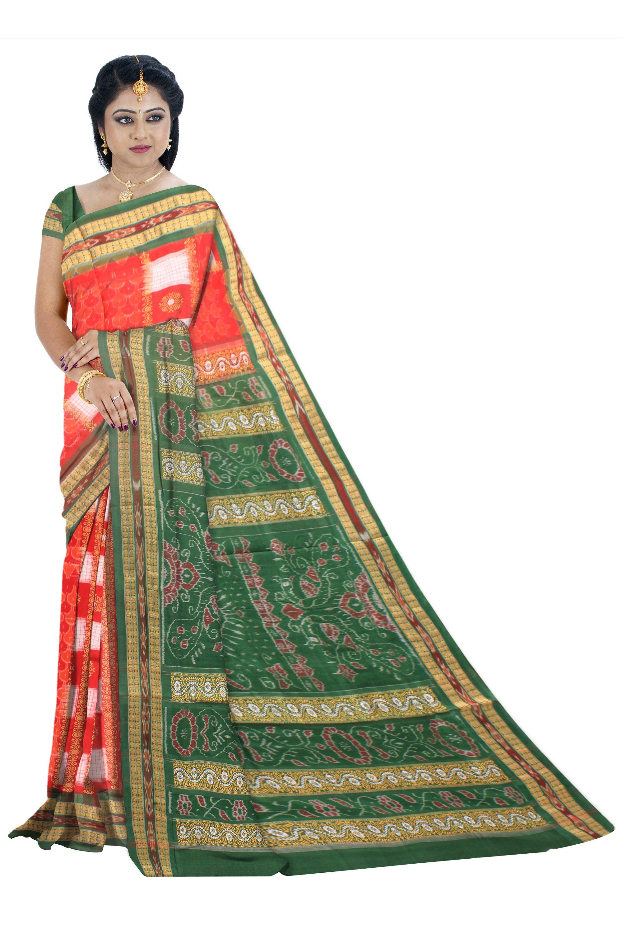 Sambalpuri cotton saree in Orange and Green color with blouse piece. - Koshali Arts & Crafts Enterprise