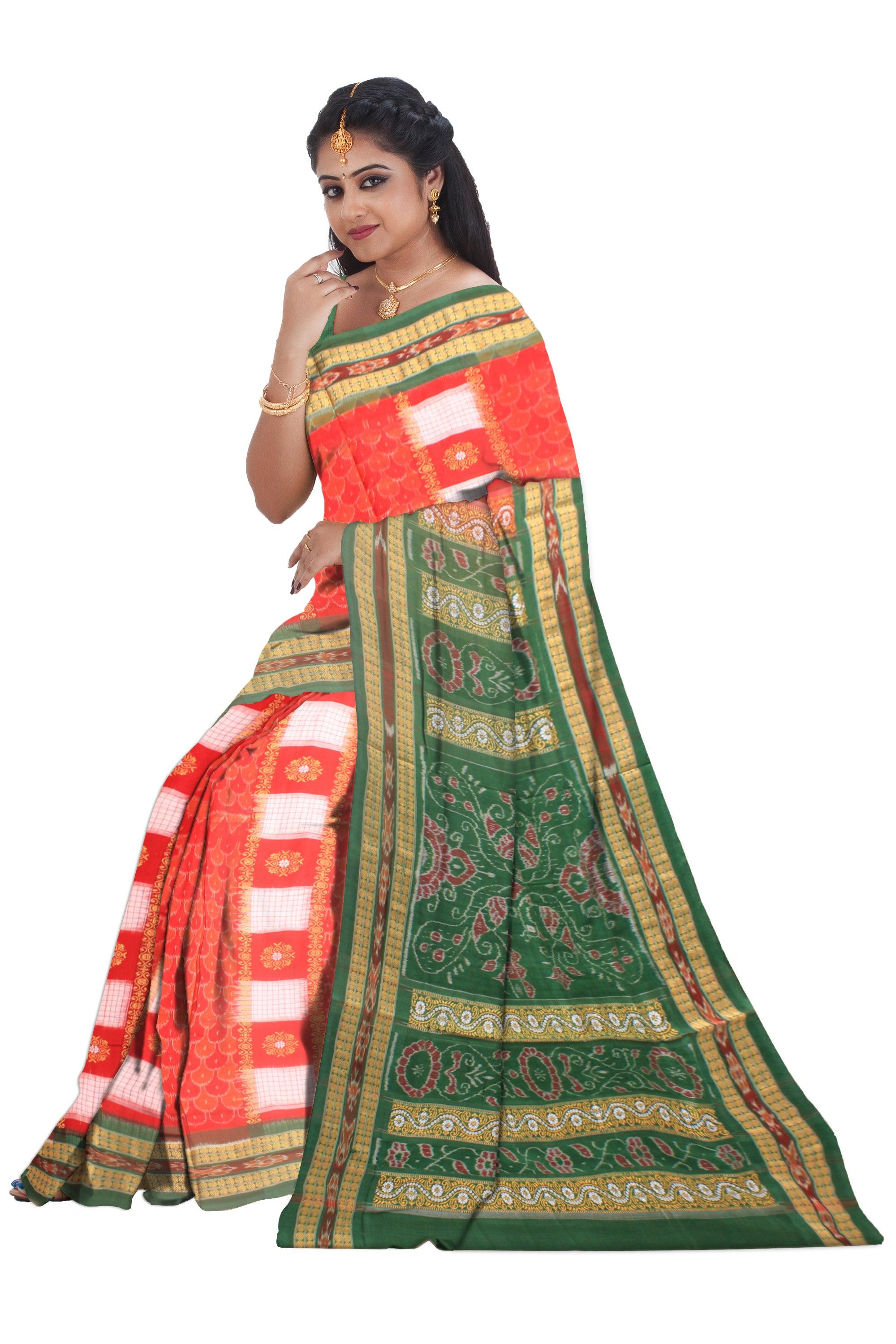 Sambalpuri cotton saree in Orange and Green color with blouse piece. - Koshali Arts & Crafts Enterprise