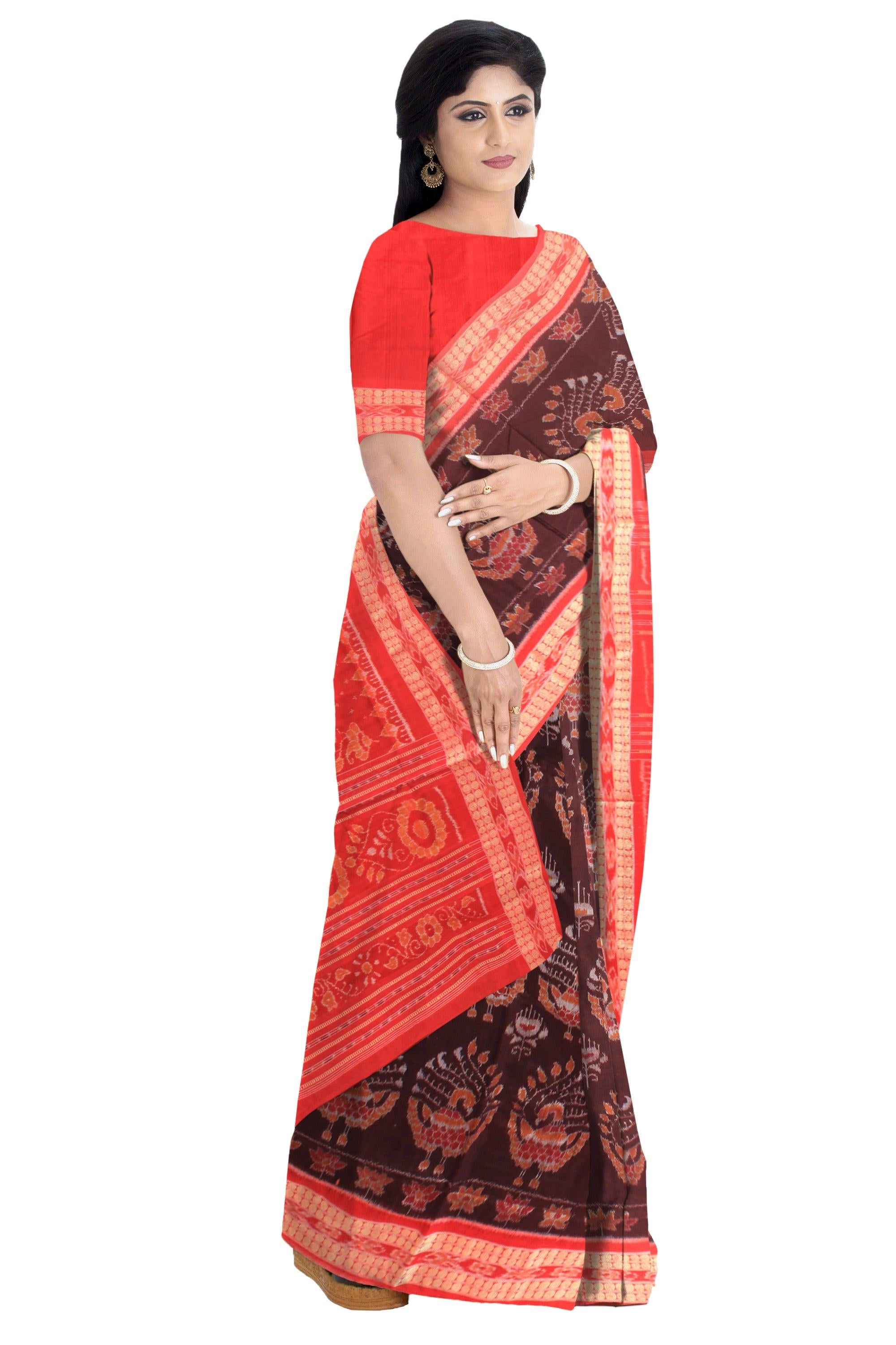 Authentic Cotton saree in Maroon color, peacock design With blouse piece. - Koshali Arts & Crafts Enterprise