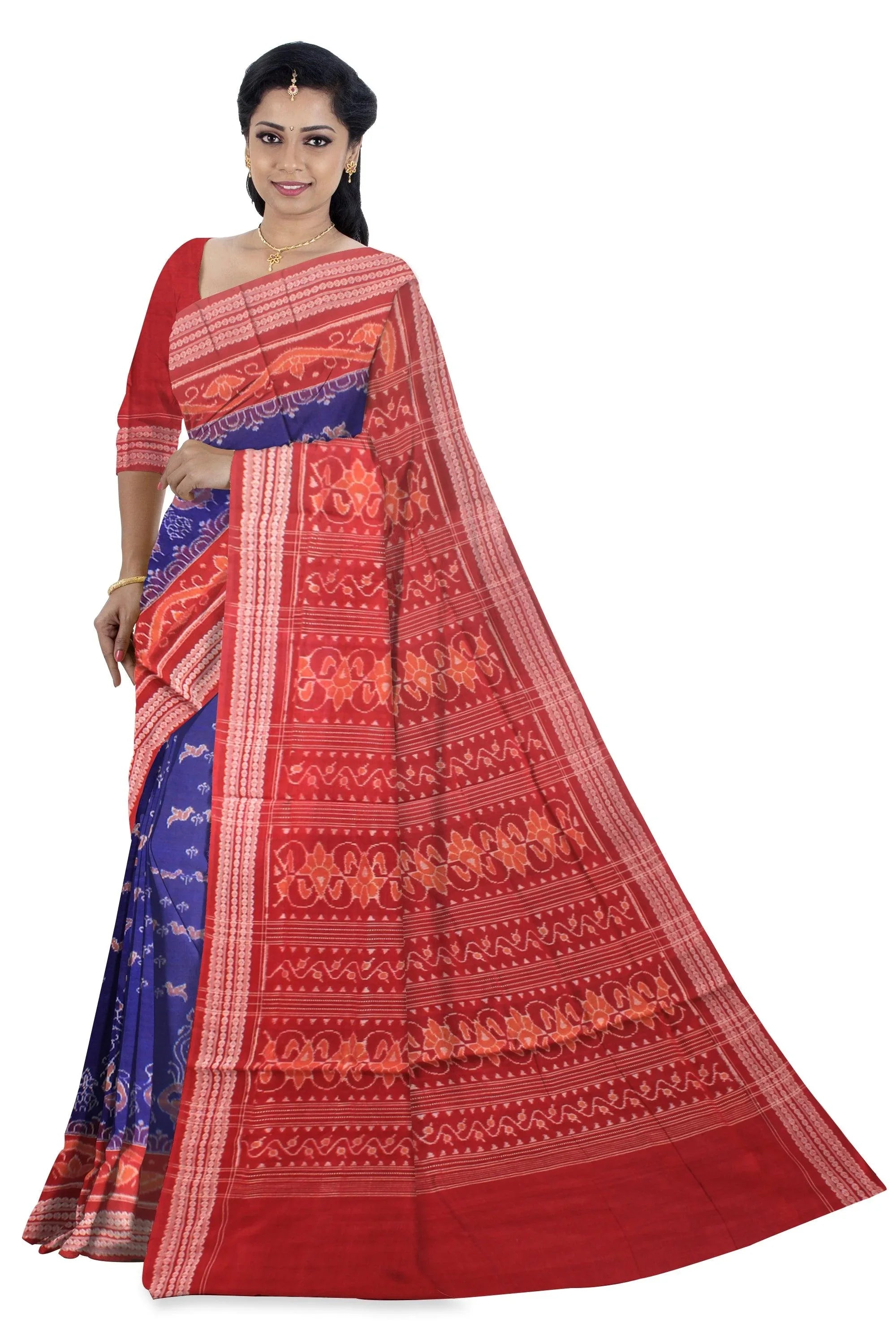 Dark blue color Sambalpuri Cotton saree in bird patten design with blouse piece. - Koshali Arts & Crafts Enterprise