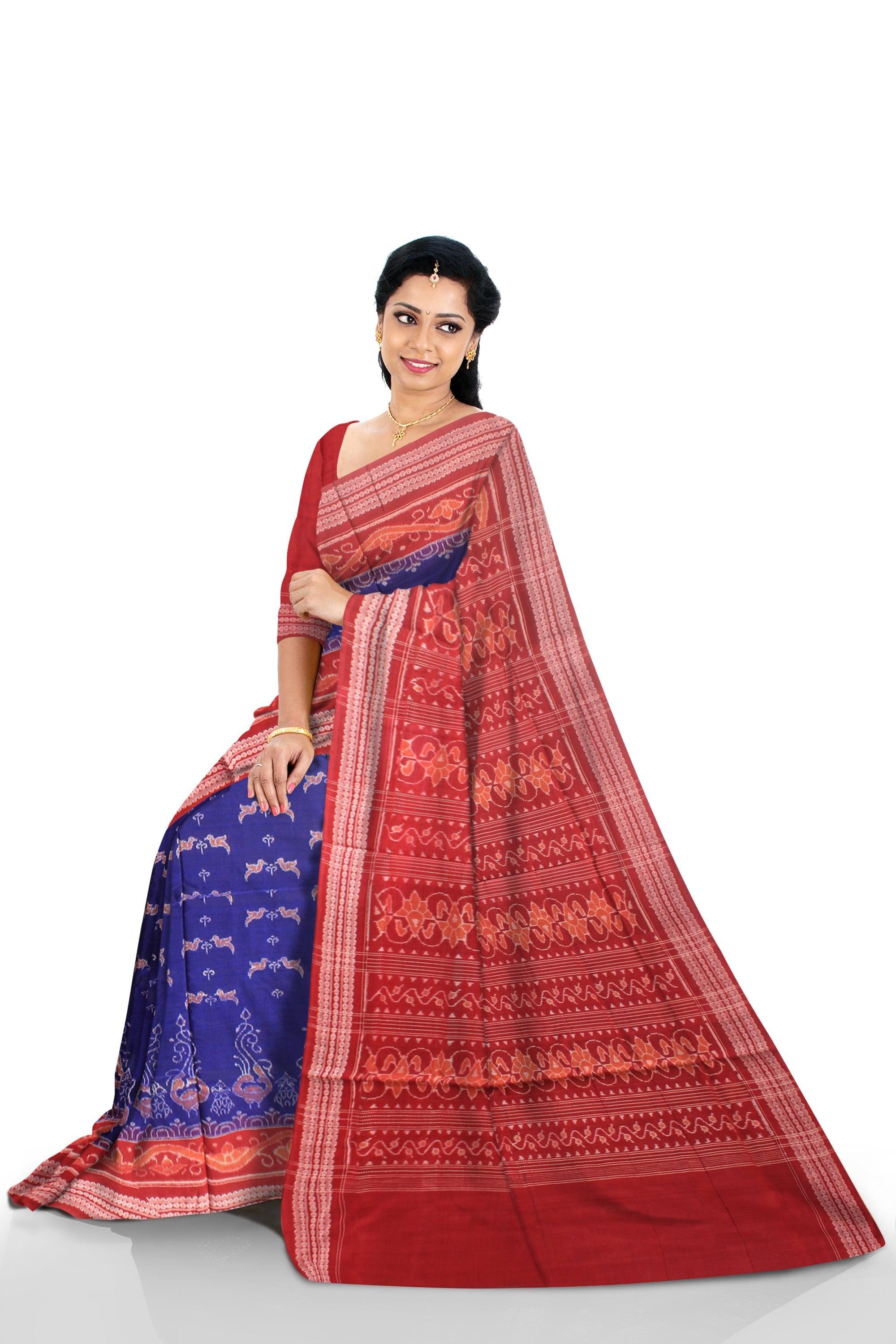 Dark blue color Sambalpuri Cotton saree in bird design with blouse piece. - Koshali Arts & Crafts Enterprise