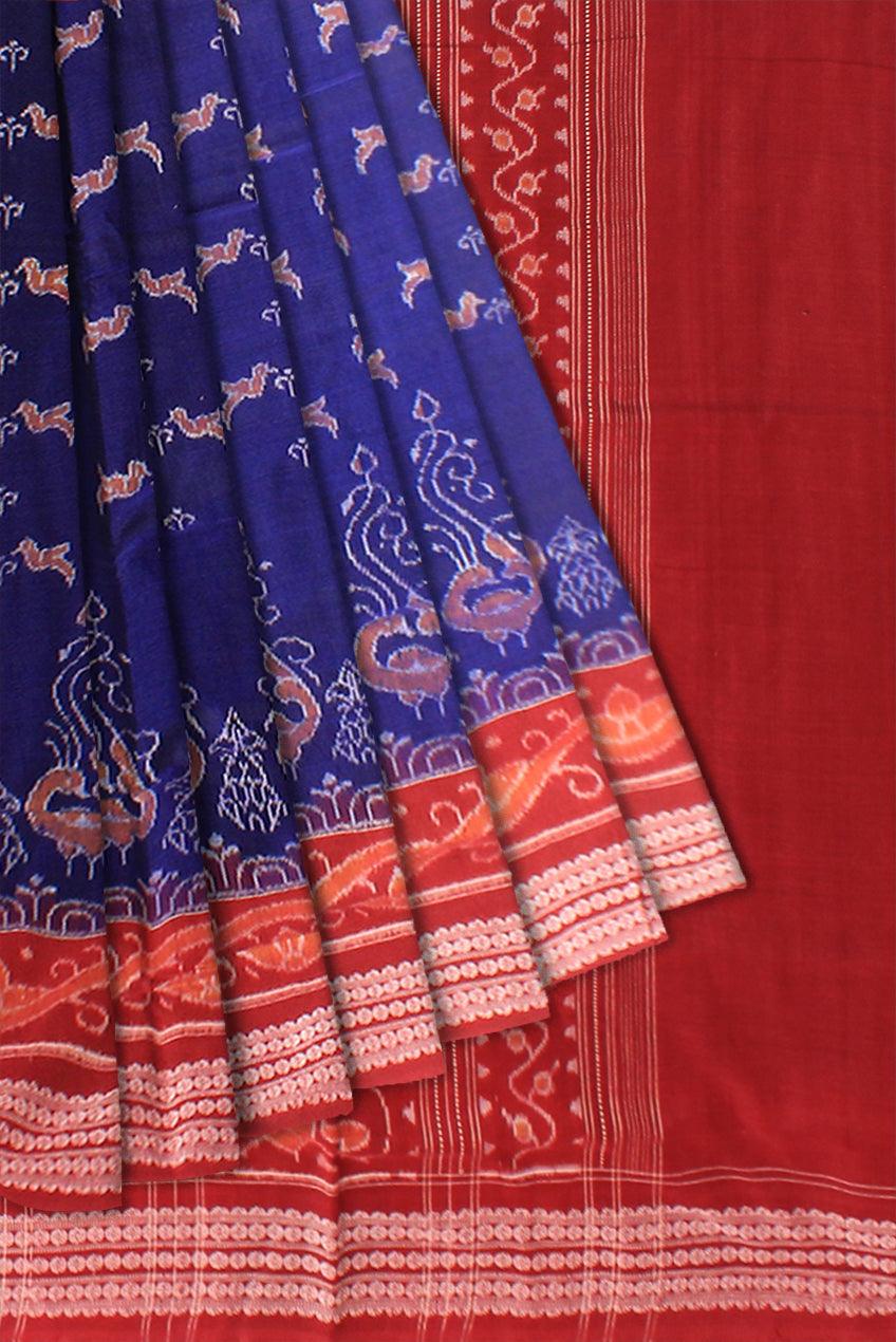 Dark blue color Sambalpuri Cotton saree in bird design with blouse piece. - Koshali Arts & Crafts Enterprise