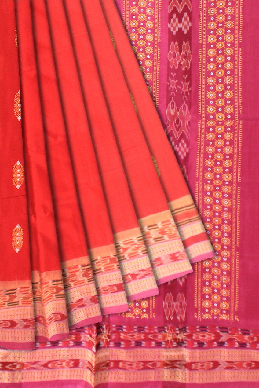 Booti design pink and orange Sambalpuri Cotton saree with blouse piece. - Koshali Arts & Crafts Enterprise
