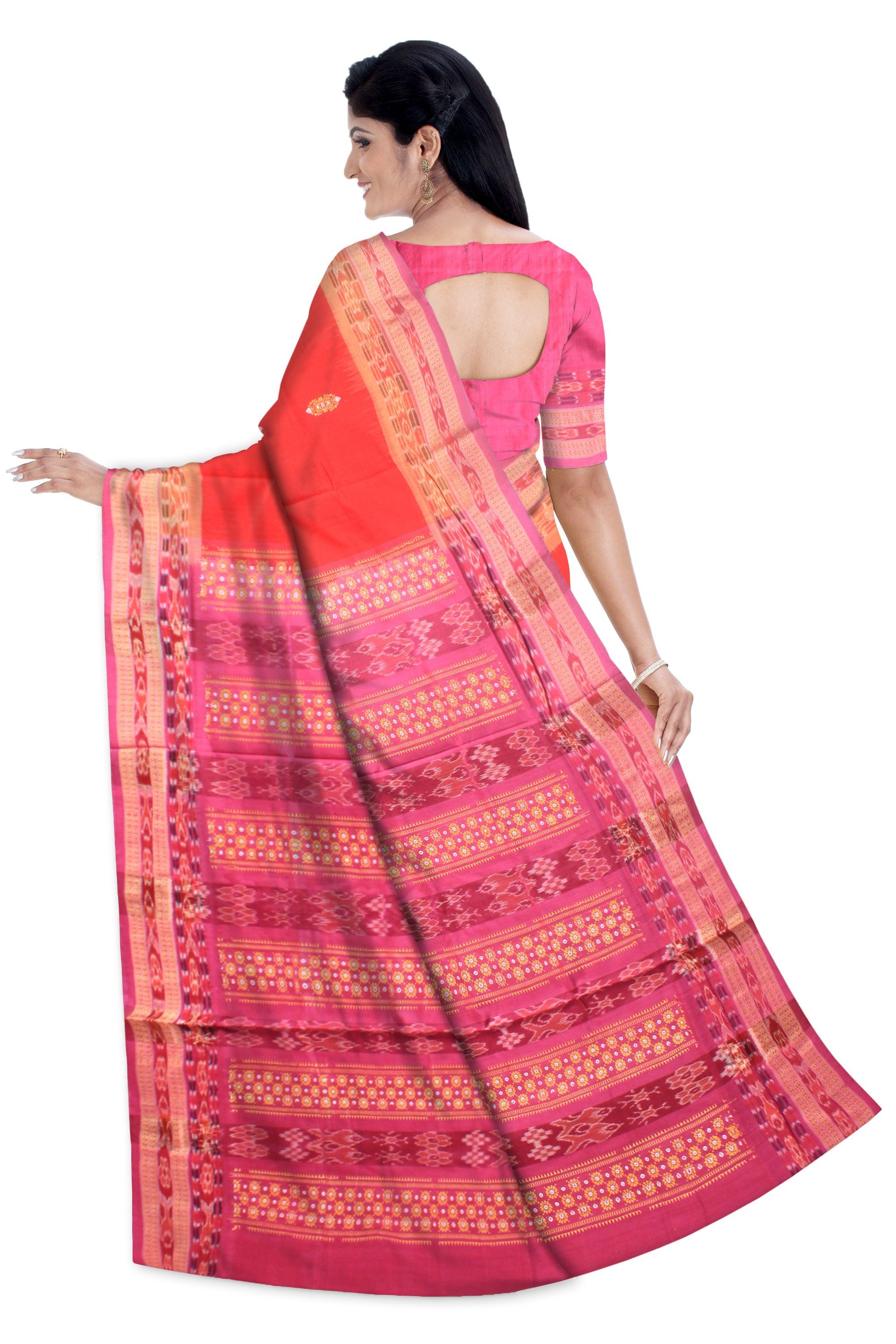Booti design pink and orange Sambalpuri Cotton saree with blouse piece. - Koshali Arts & Crafts Enterprise