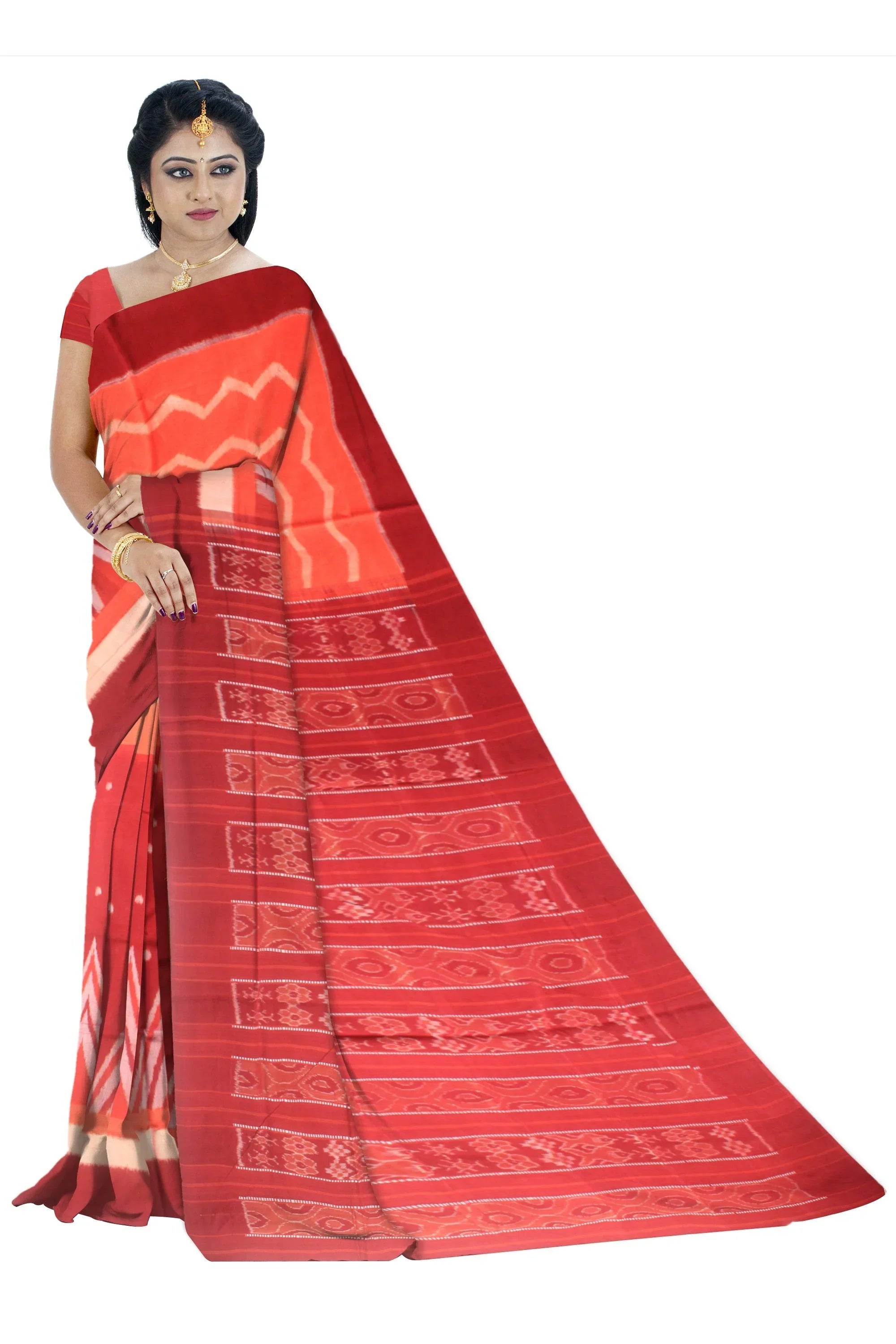 Orange and maroon Ikat pattern pure cotton saree , with matching blouse piece. - Koshali Arts & Crafts Enterprise