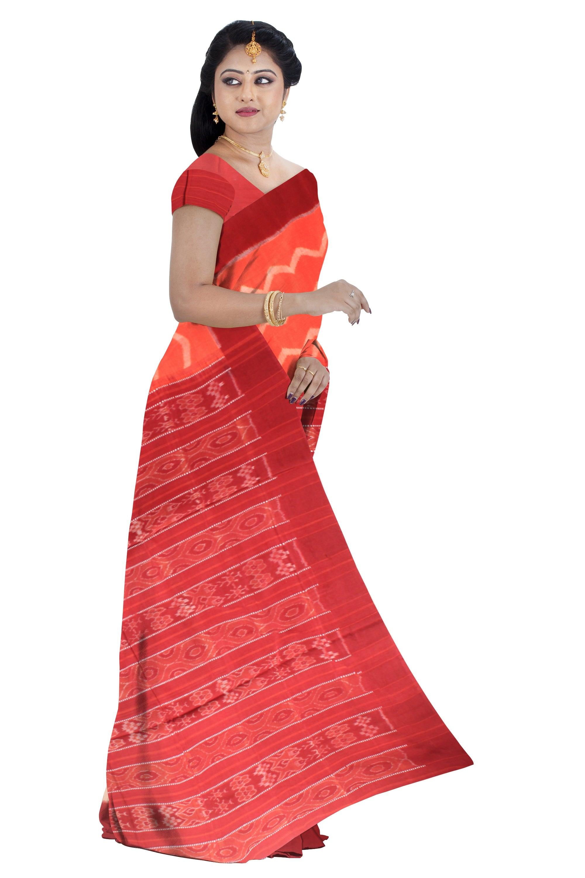 Sambalpuri cotton saree in orange and maroon color with blouse piece. - Koshali Arts & Crafts Enterprise