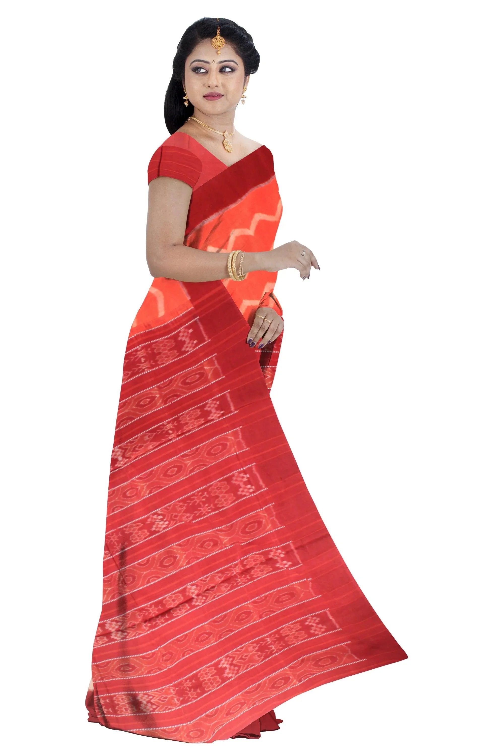 Orange and maroon Ikat pattern pure cotton saree , with matching blouse piece. - Koshali Arts & Crafts Enterprise