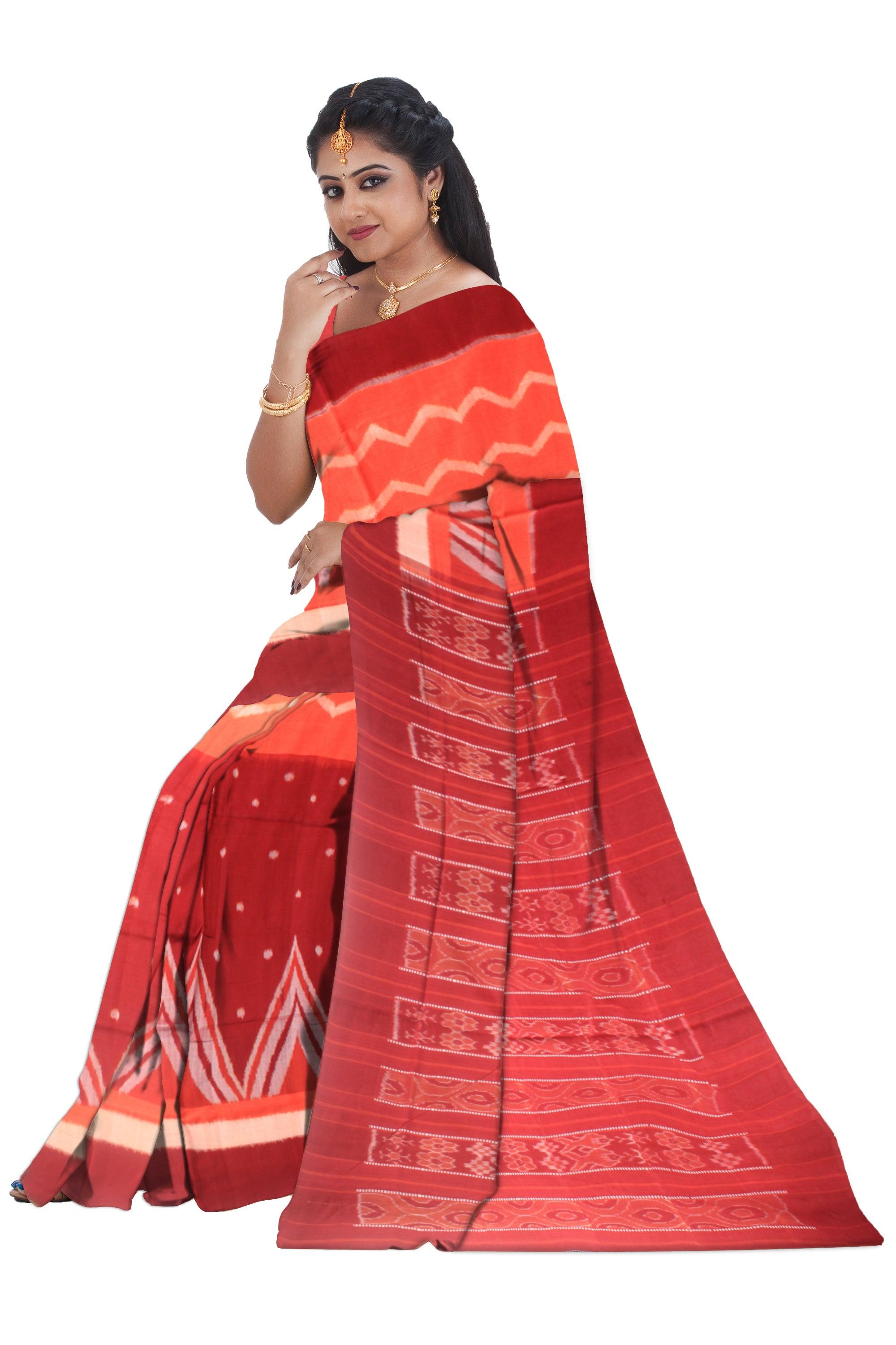 Sambalpuri cotton saree in orange and maroon color with blouse piece. - Koshali Arts & Crafts Enterprise