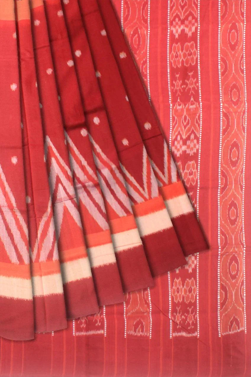 Orange and maroon Ikat pattern pure cotton saree , with matching blouse piece. - Koshali Arts & Crafts Enterprise