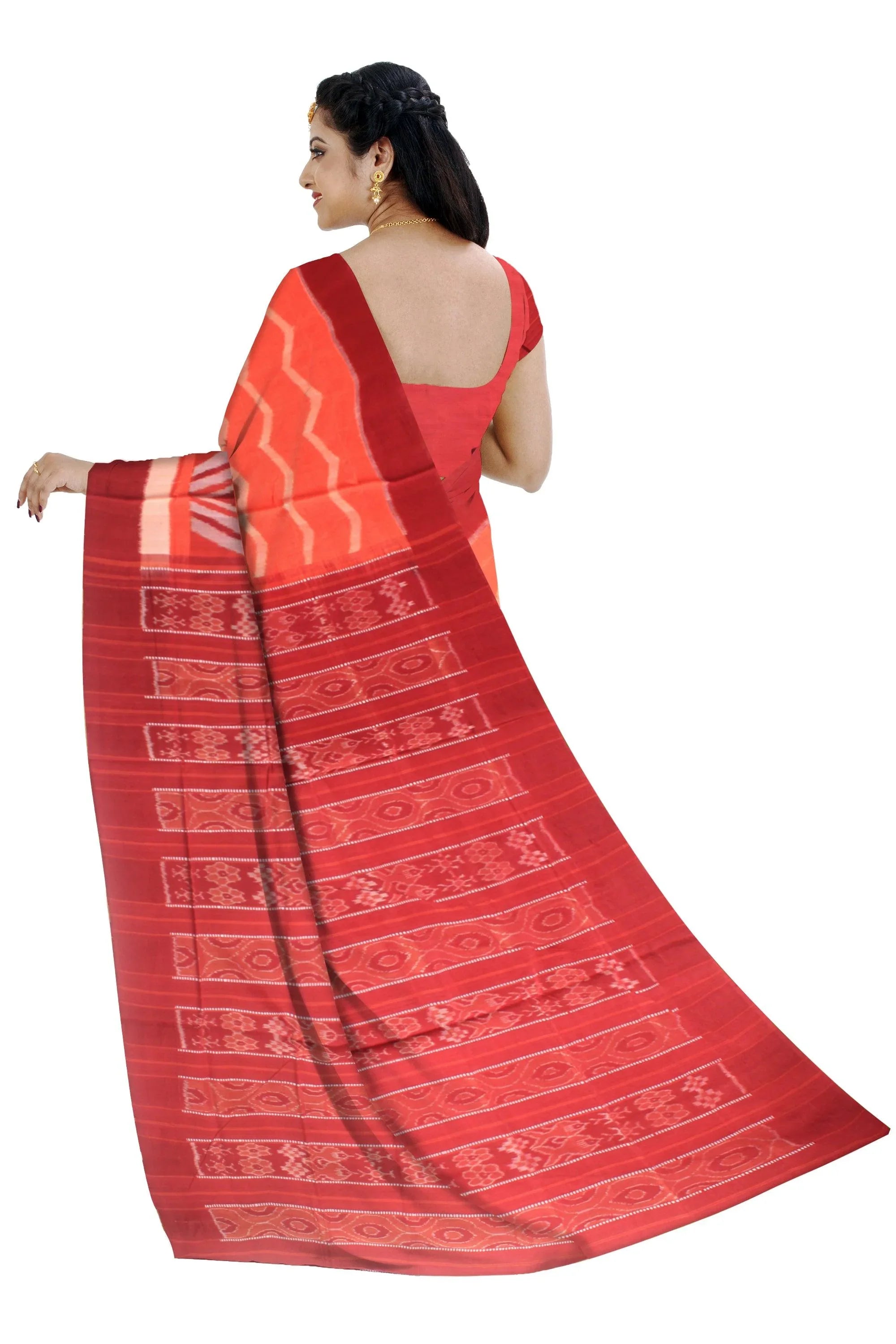 Orange and maroon Ikat pattern pure cotton saree , with matching blouse piece. - Koshali Arts & Crafts Enterprise