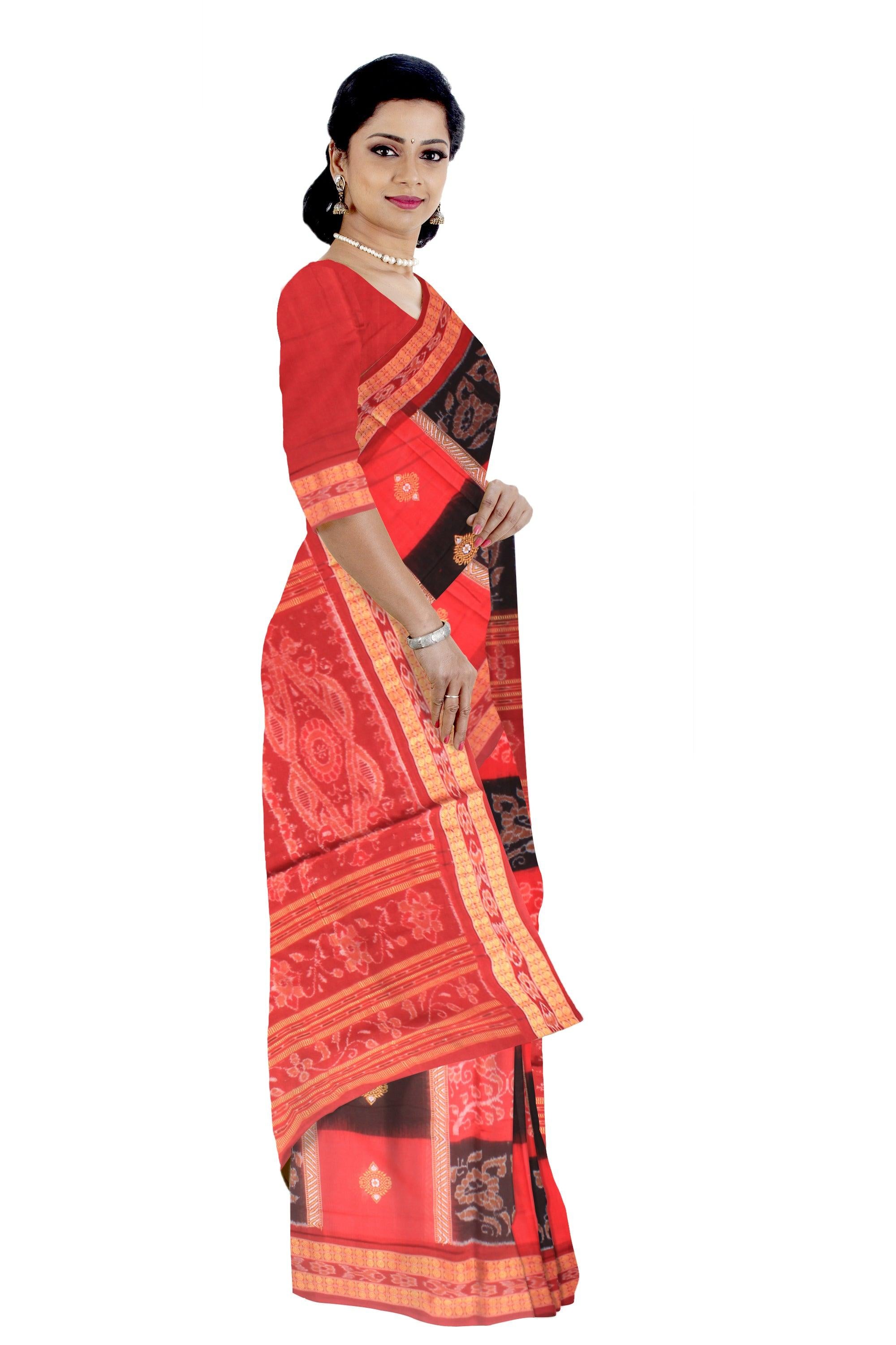 Sambalpuri Flowers pattern cotton saree in Red and Black color with blouse piece. - Koshali Arts & Crafts Enterprise