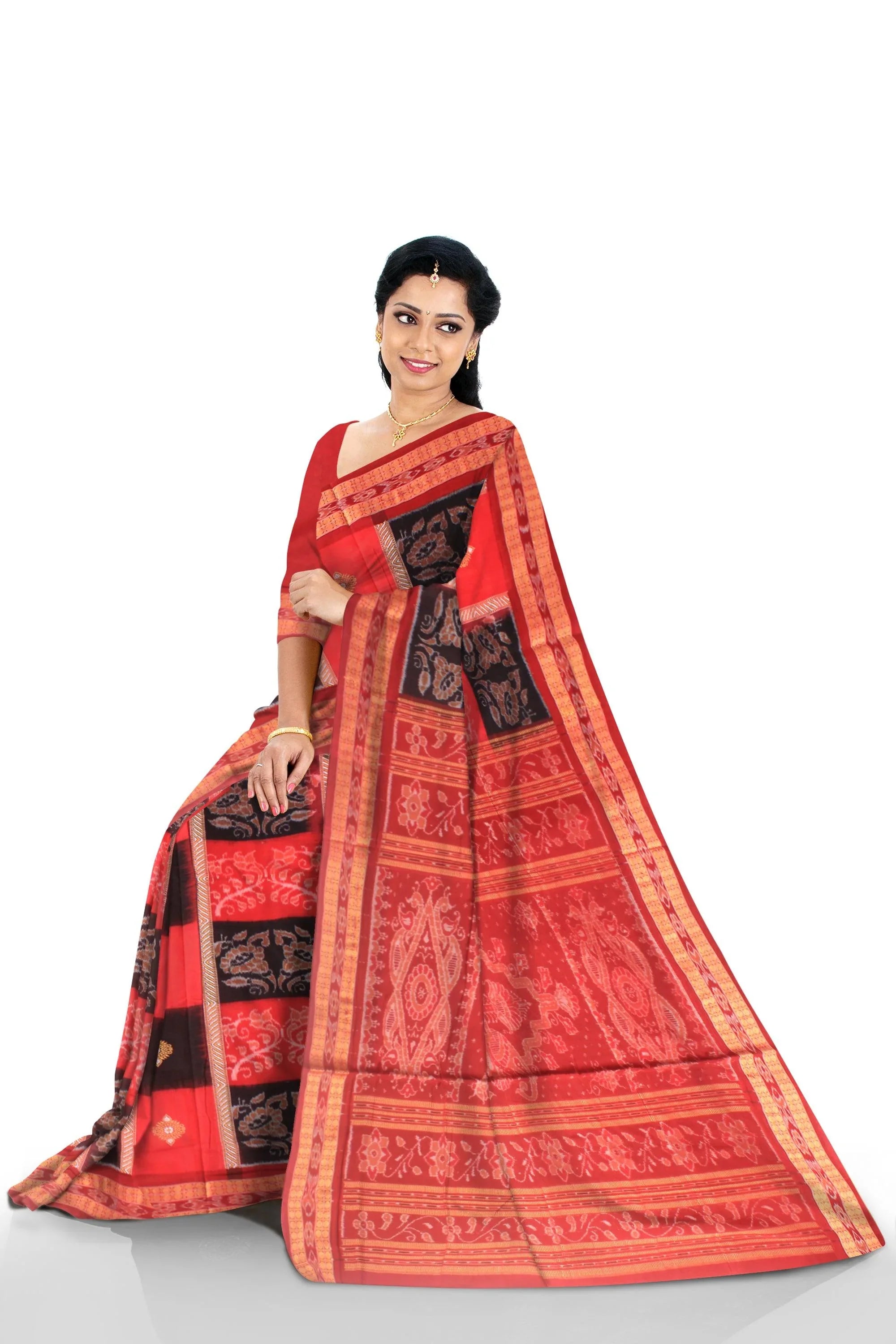 Sambalpuri Flowers pattern cotton saree in Red and Black color with blouse piece. - Koshali Arts & Crafts Enterprise
