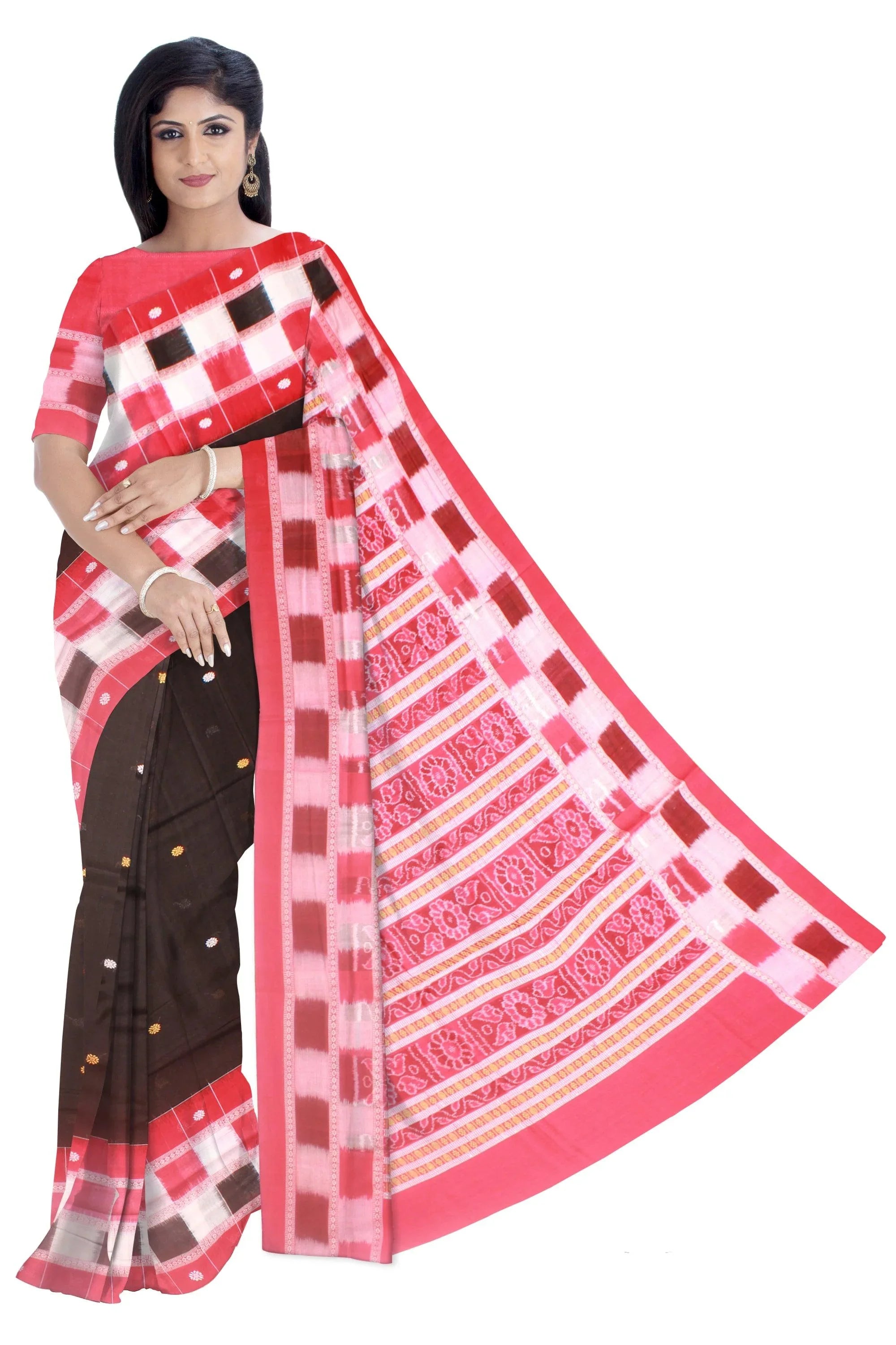 Sambalpuri cotton saree in Black color and booty design, with blouse piece. - Koshali Arts & Crafts Enterprise