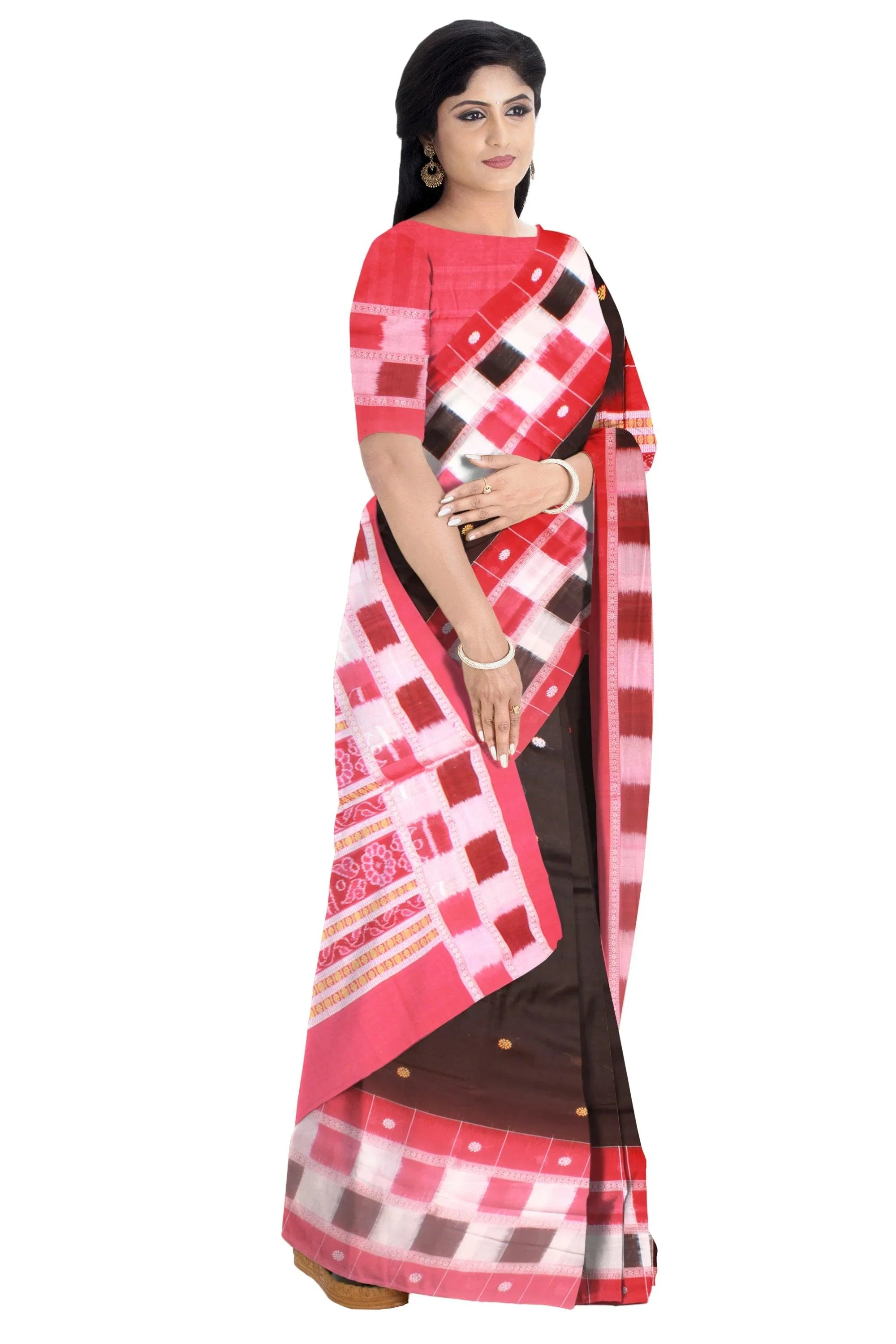 Sambalpuri cotton saree in Black color and booty design, with blouse piece. - Koshali Arts & Crafts Enterprise