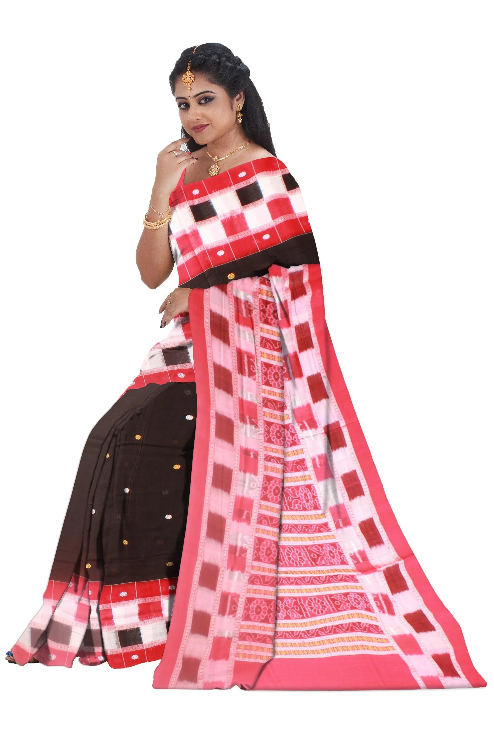 Sambalpuri cotton saree in Black color and booty design, with blouse piece. - Koshali Arts & Crafts Enterprise