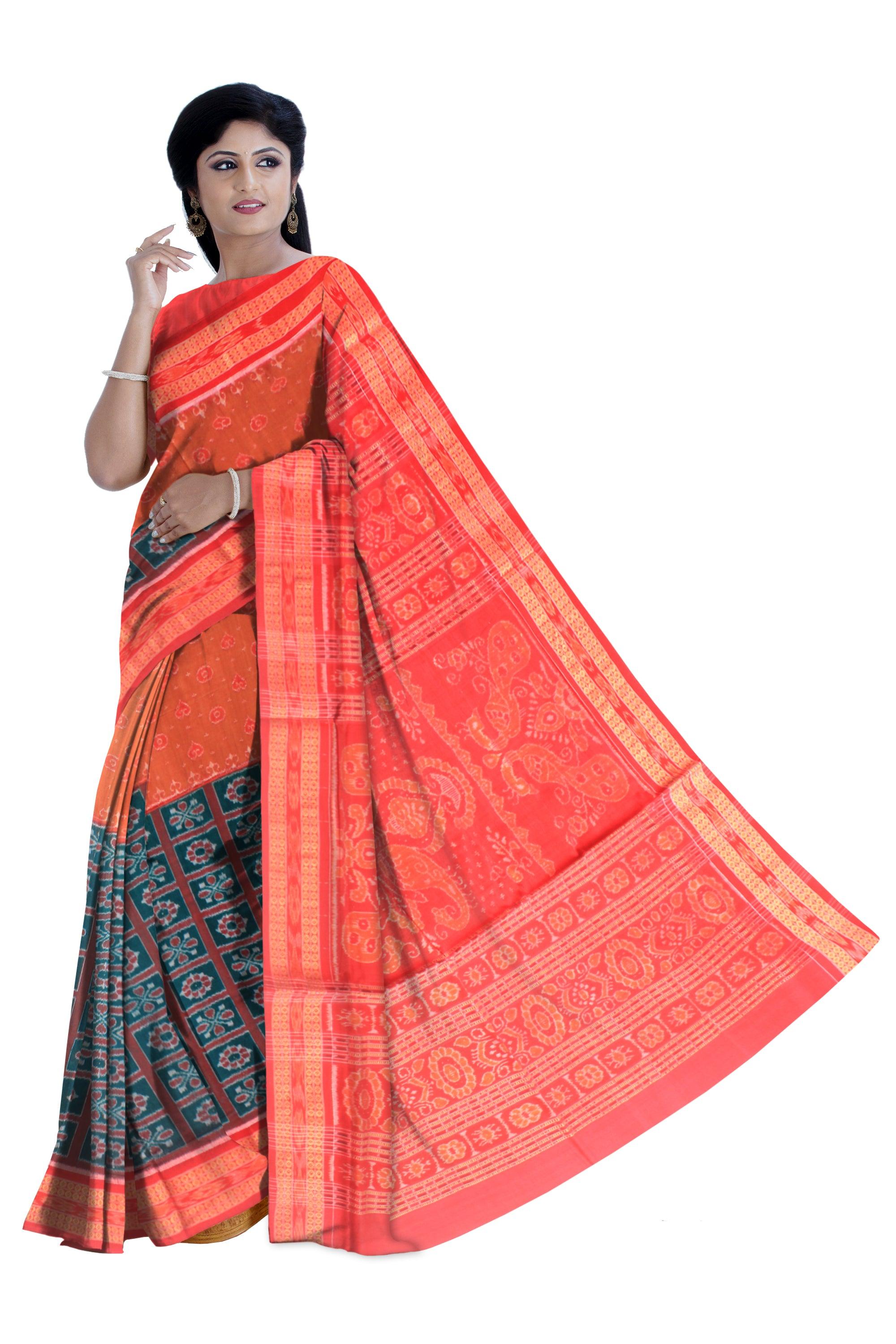 Dark Green and Orange  Sonepur  cotton saree, with blouse piece. - Koshali Arts & Crafts Enterprise