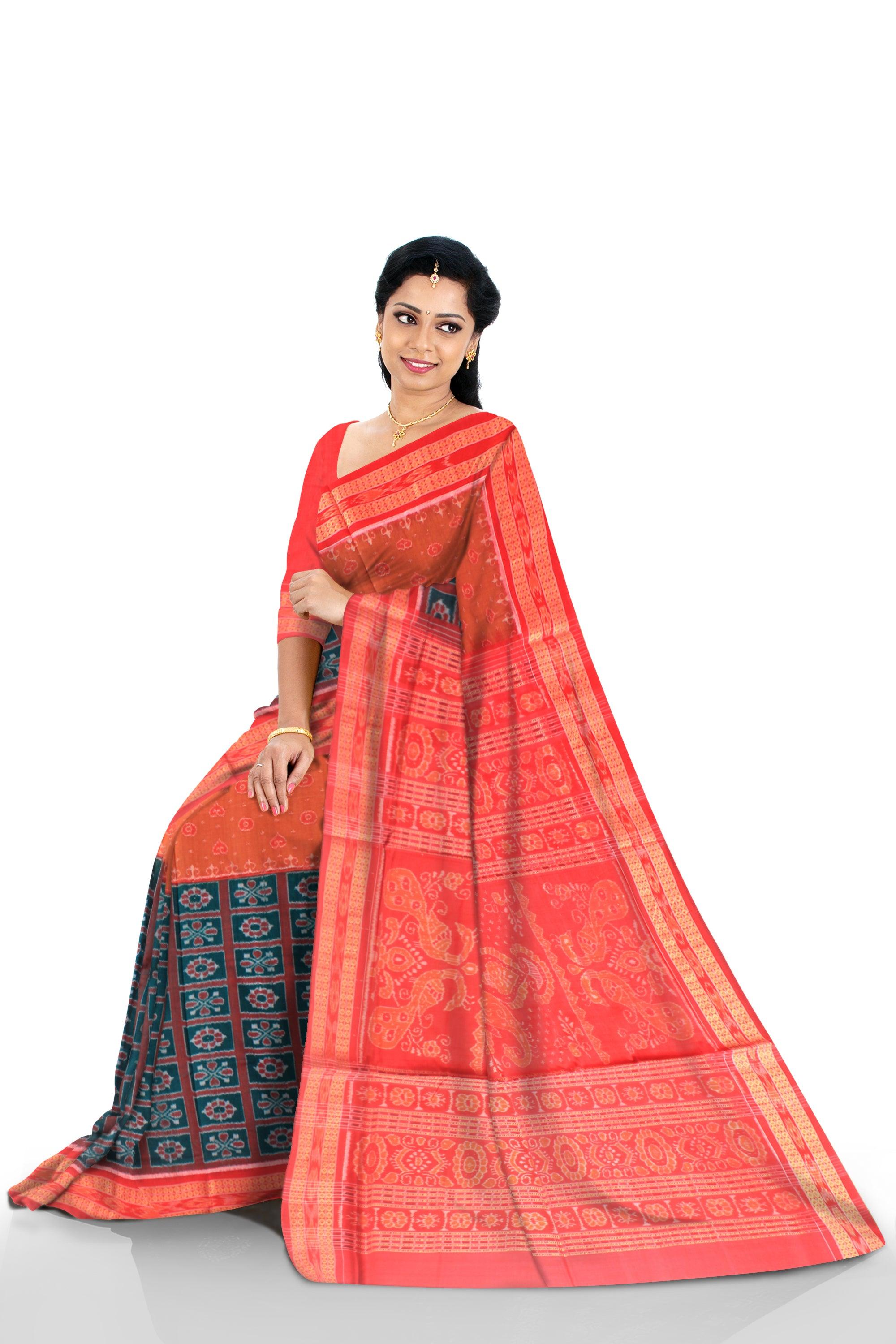 A Sambalpuri Cotton saree in dark Green and Red Color with blouse piece. - Koshali Arts & Crafts Enterprise