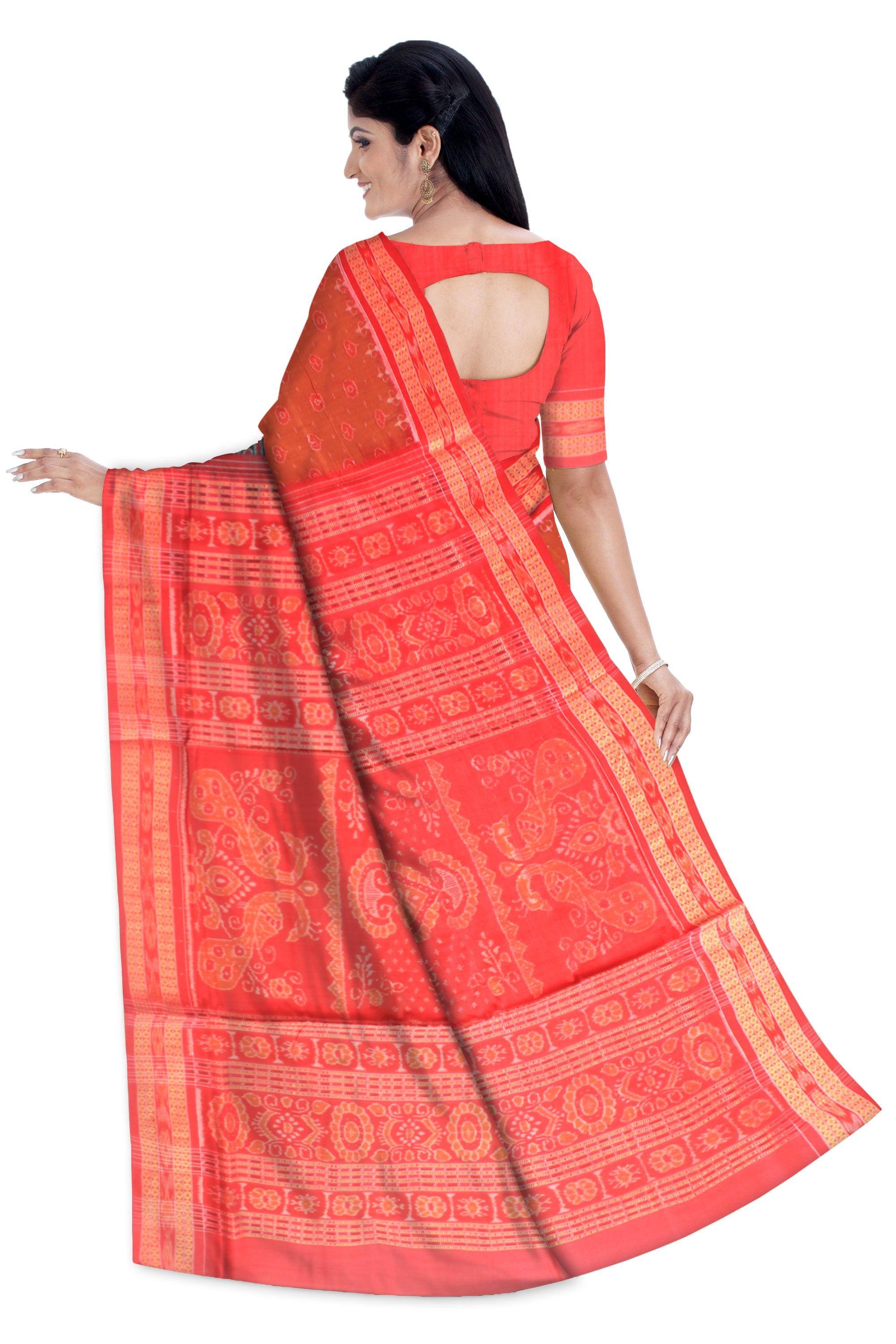 Western Odisha Sambalpuri Cotton Saree in dark Green and Orange color base - Koshali Arts & Crafts Enterprise