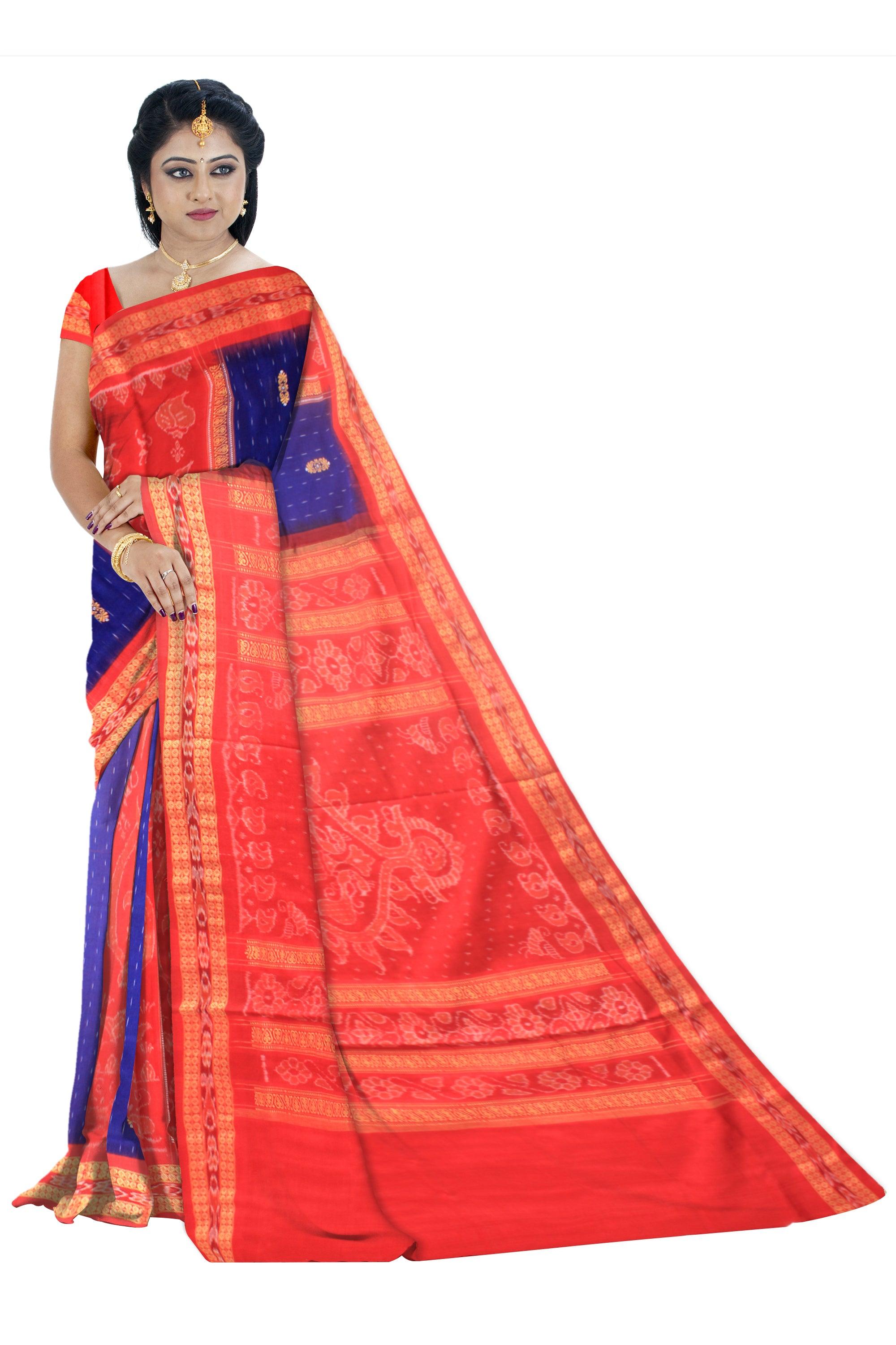 Sambalpuri cotton saree in deep Blue and Red color with blouse piece - Koshali Arts & Crafts Enterprise