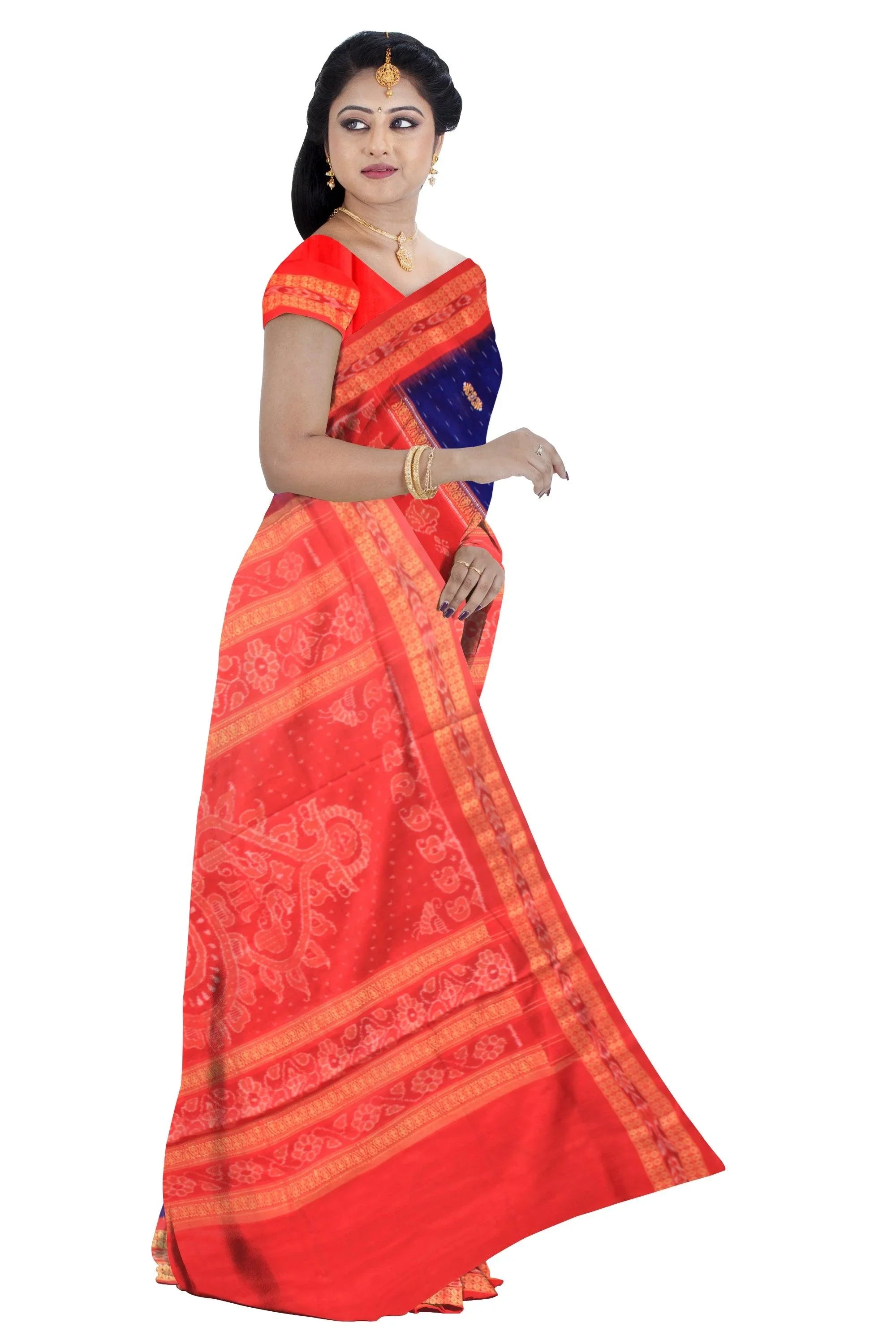 Sankha pattern pure cotton saree in deep Blue and Red color with matching blouse piece. - Koshali Arts & Crafts Enterprise