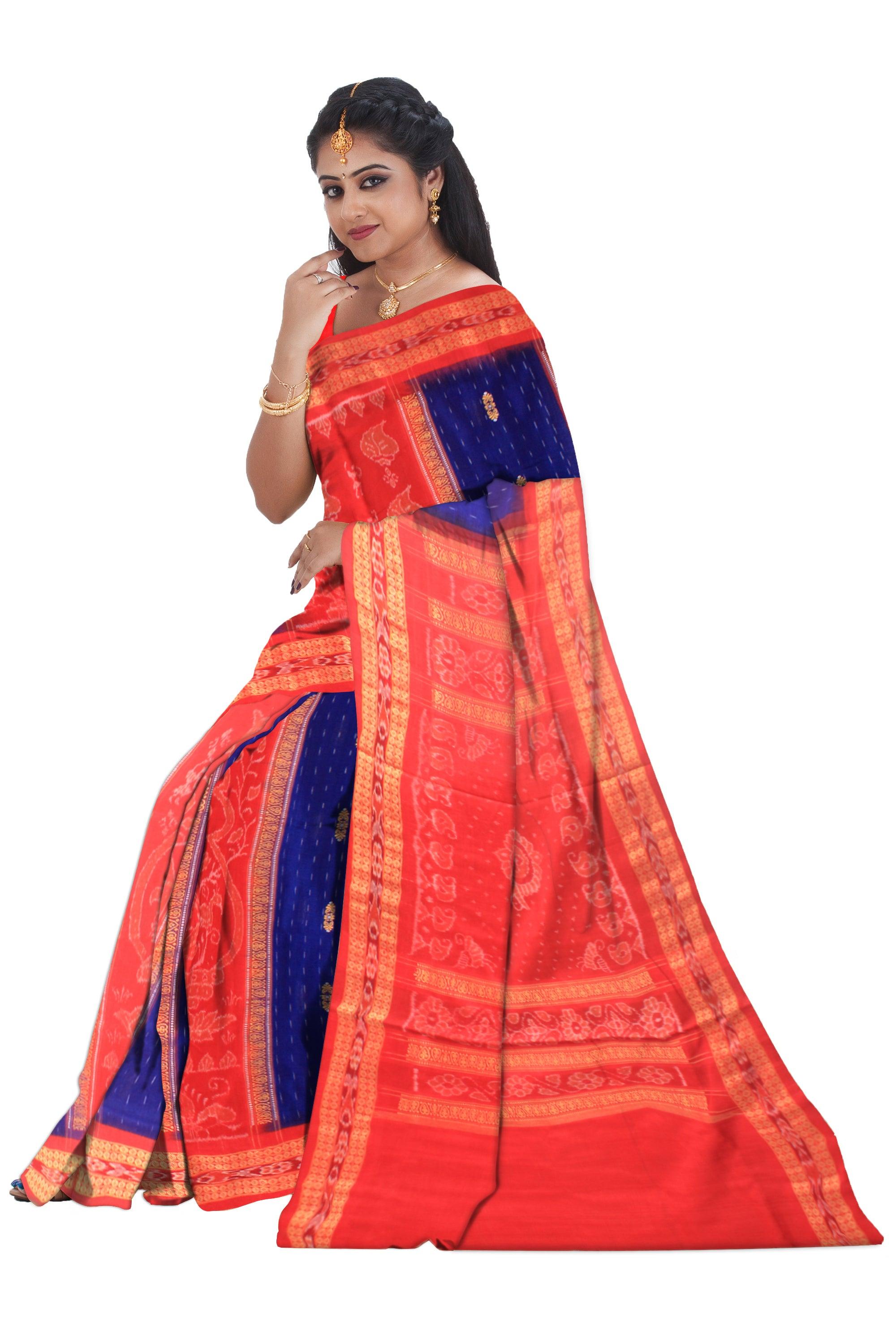 Sambalpuri cotton saree in deep Blue and Red color with blouse piece - Koshali Arts & Crafts Enterprise