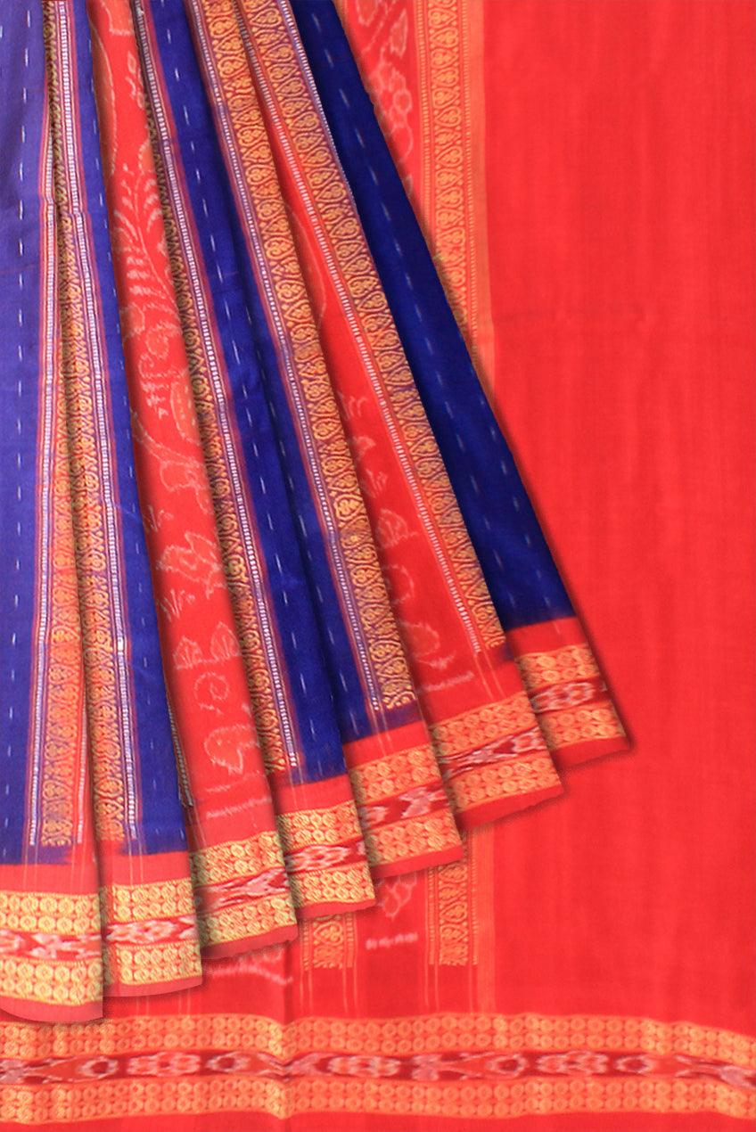Sambalpuri cotton saree in deep Blue and Red color with blouse piece - Koshali Arts & Crafts Enterprise