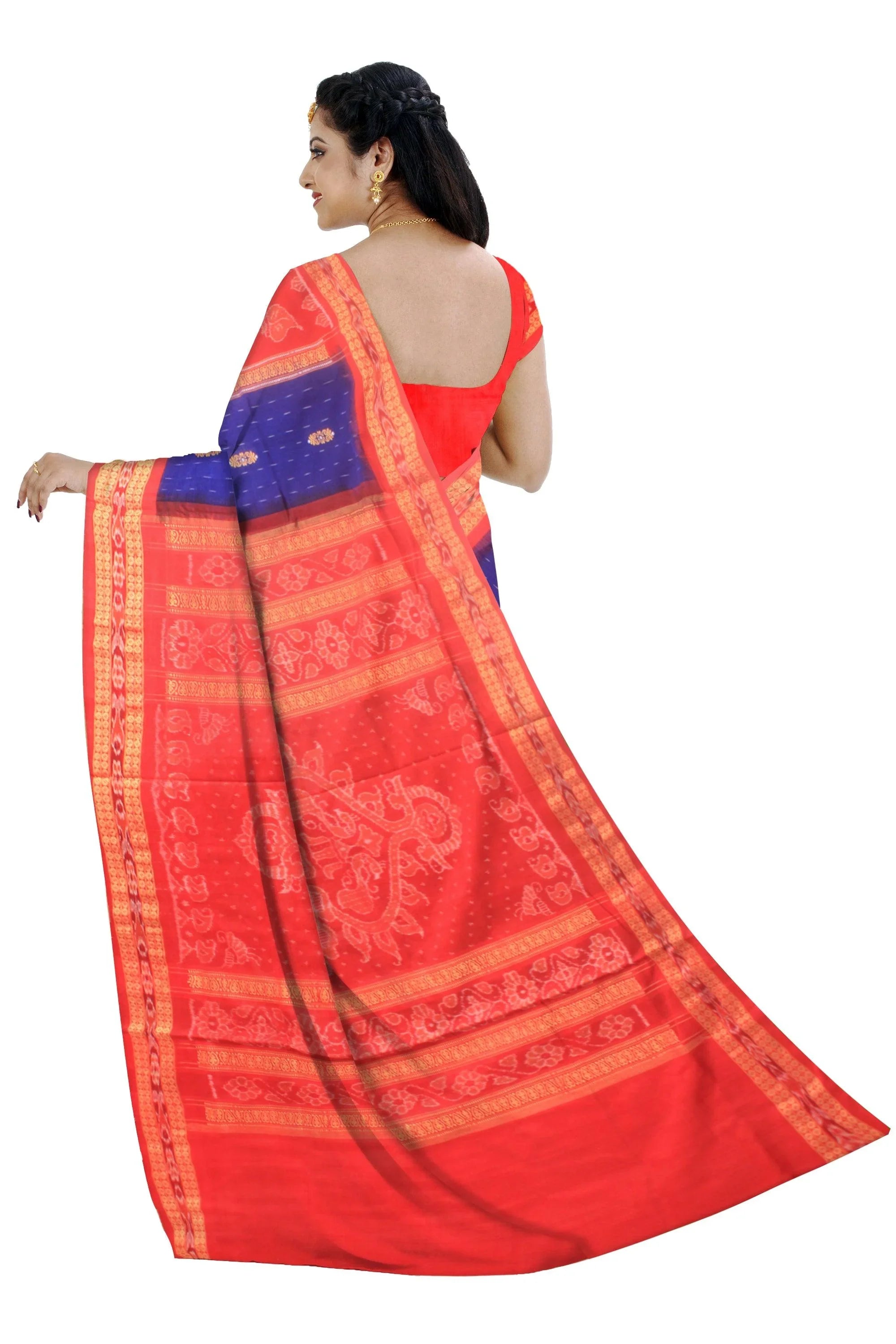 Sankha pattern pure cotton saree in deep Blue and Red color with matching blouse piece. - Koshali Arts & Crafts Enterprise