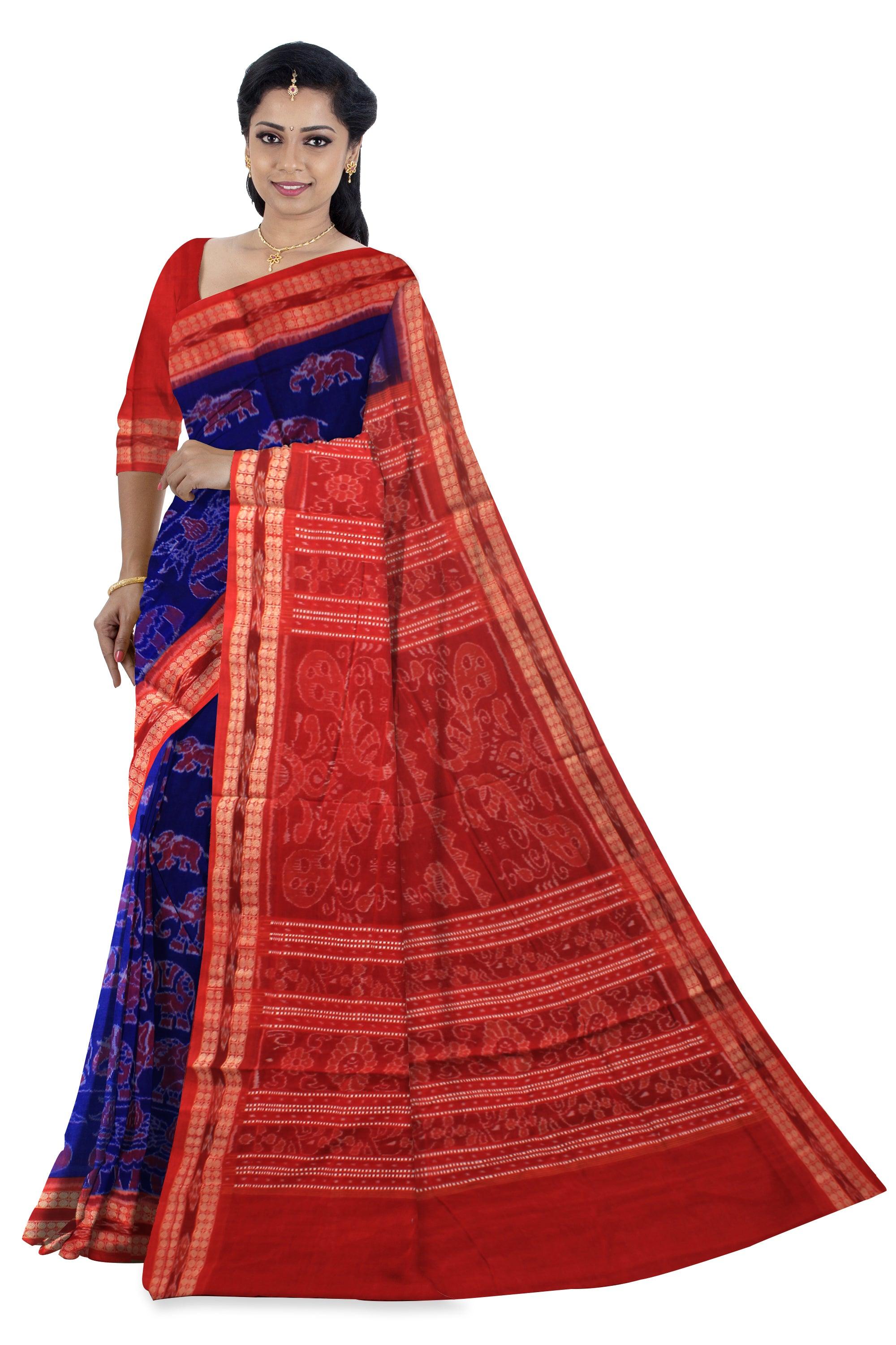 Auhentic Sambalpuri Cotton  saree in dark Red and Blue with blouse piece  Red color bamkei design, - Koshali Arts & Crafts Enterprise