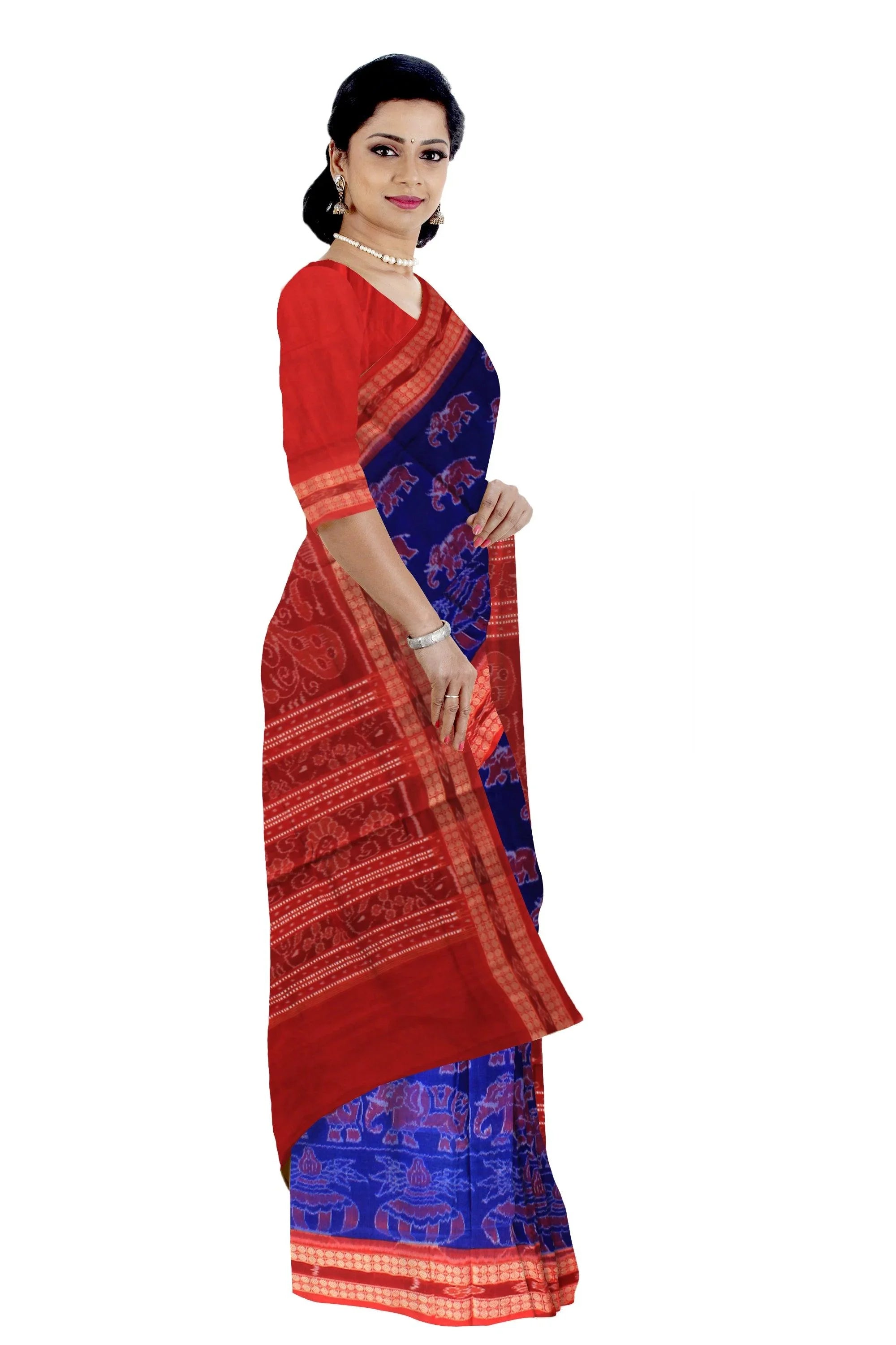 Auhentic Sambalpuri Cotton saree in dark Red and Blue with blouse piece Red color bamkei design, - Koshali Arts & Crafts Enterprise