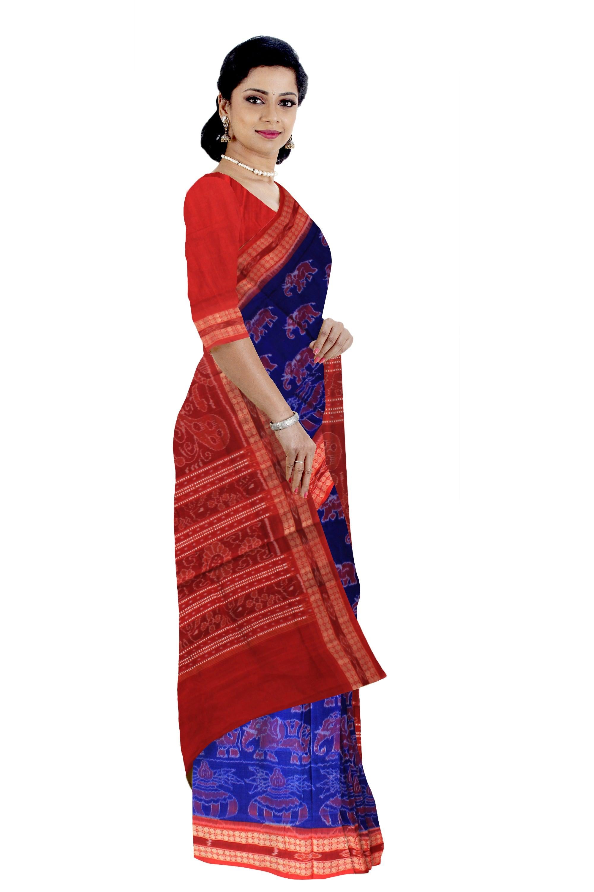 Auhentic Sambalpuri Cotton  saree in dark Red and Blue with blouse piece  Red color bamkei design, - Koshali Arts & Crafts Enterprise