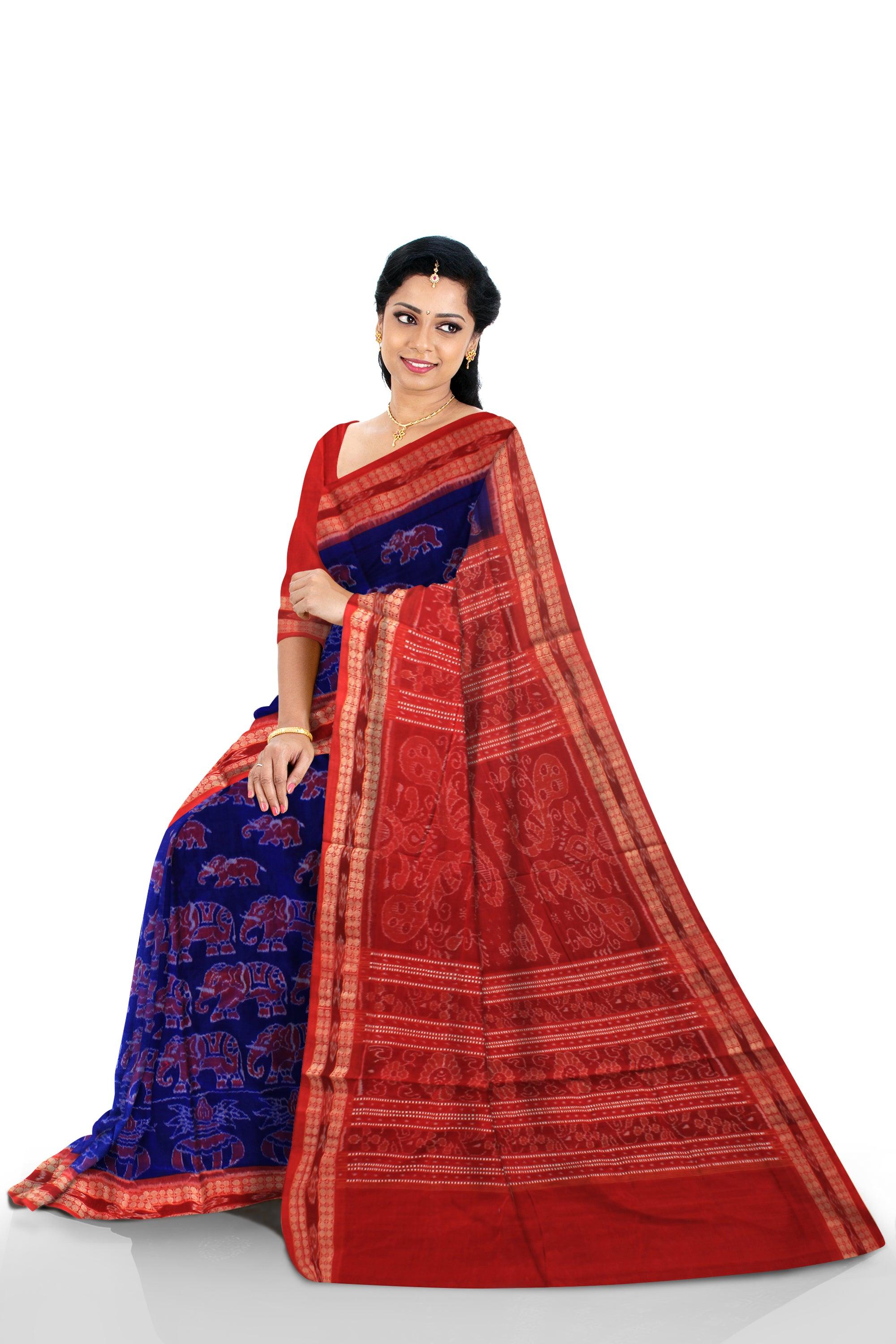 Auhentic Sambalpuri Cotton saree in dark Red and Blue with blouse piece Red color bamkei design, - Koshali Arts & Crafts Enterprise