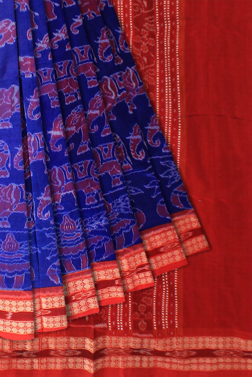 Auhentic Sambalpuri Cotton saree in dark Red and Blue with blouse piece Red color bamkei design, - Koshali Arts & Crafts Enterprise