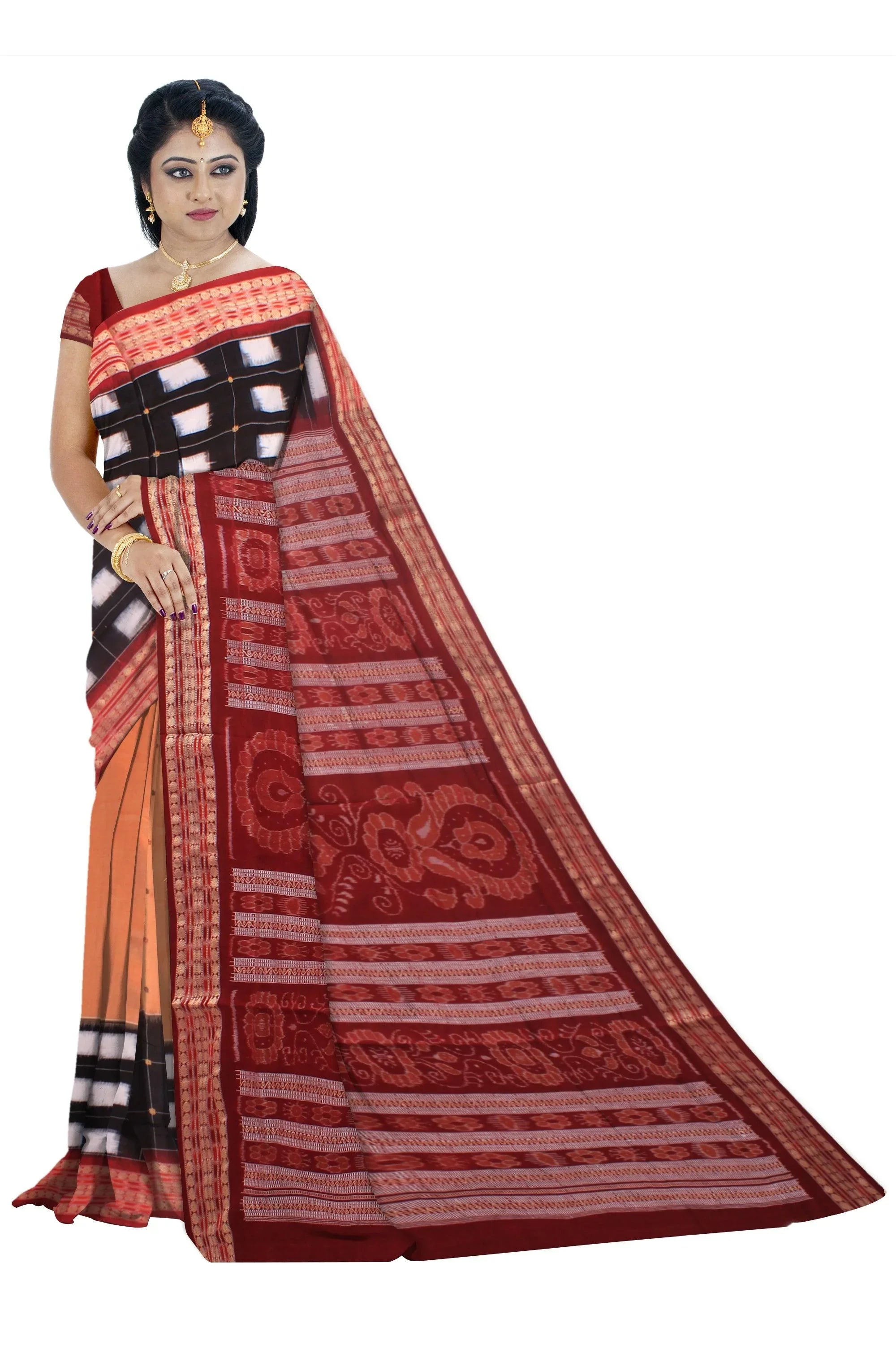 Sambalpuri saree in box pattern in black and light brown color cotton saree with blouse piece. - Koshali Arts & Crafts Enterprise