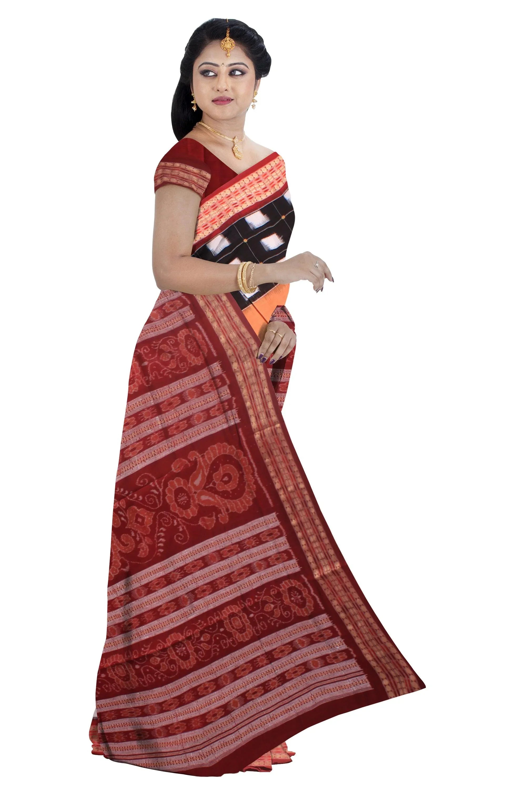 Sambalpuri saree in box pattern in black and light brown color cotton saree with blouse piece. - Koshali Arts & Crafts Enterprise