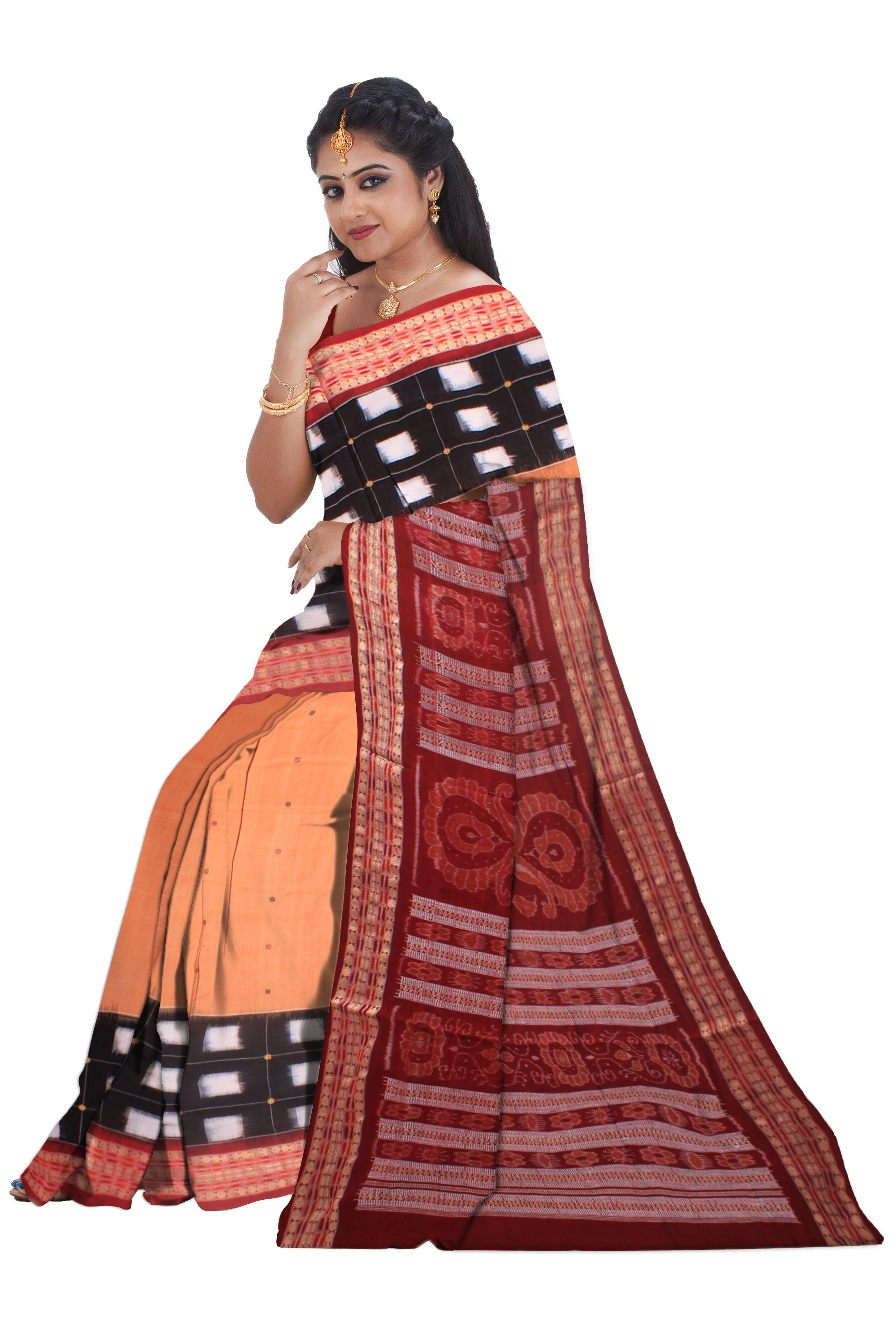 Sambalpuri saree in box pattern in black and light brown color cotton saree with blouse piece. - Koshali Arts & Crafts Enterprise