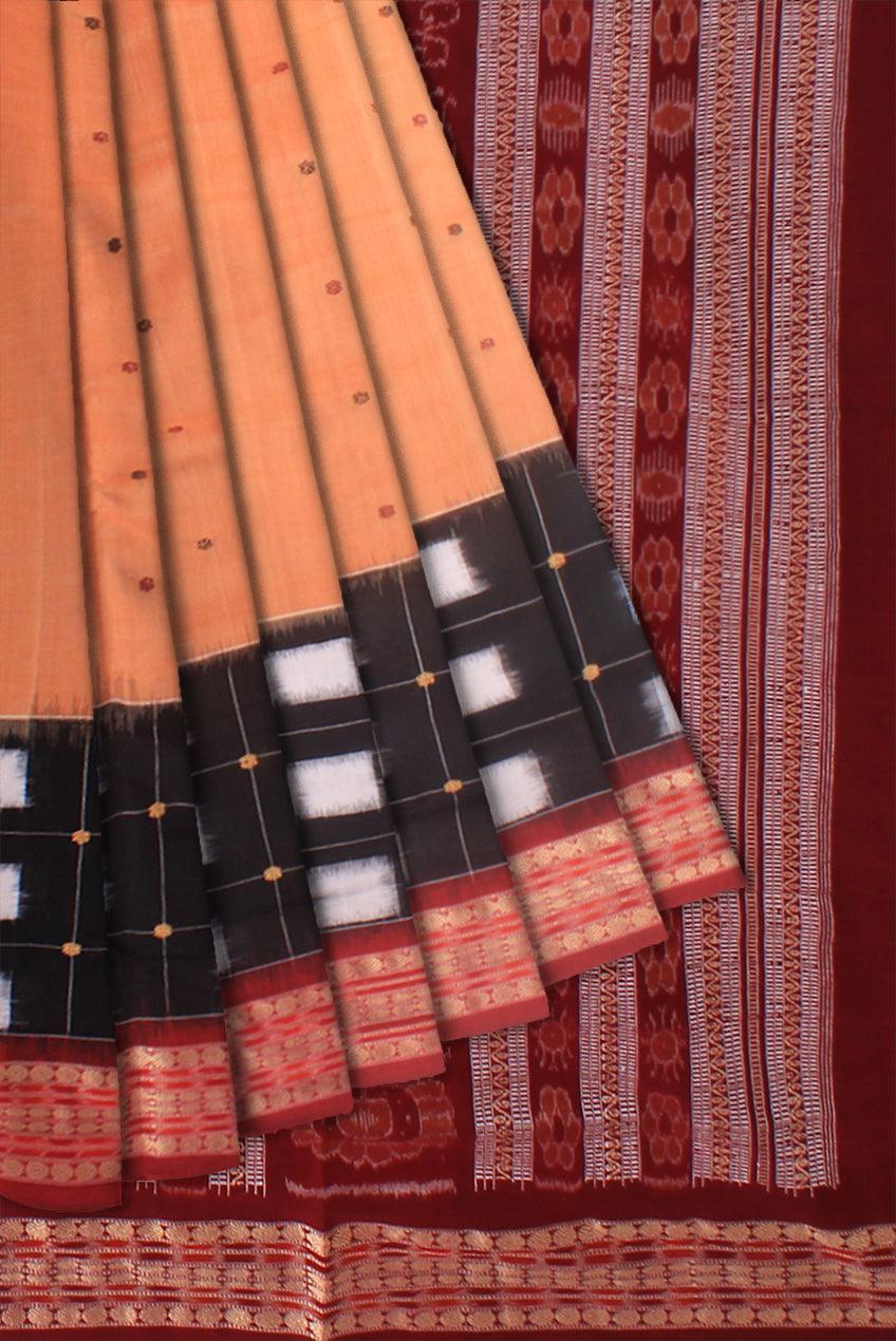 Sambalpuri saree in box pattern in black and light brown color cotton saree with blouse piece. - Koshali Arts & Crafts Enterprise