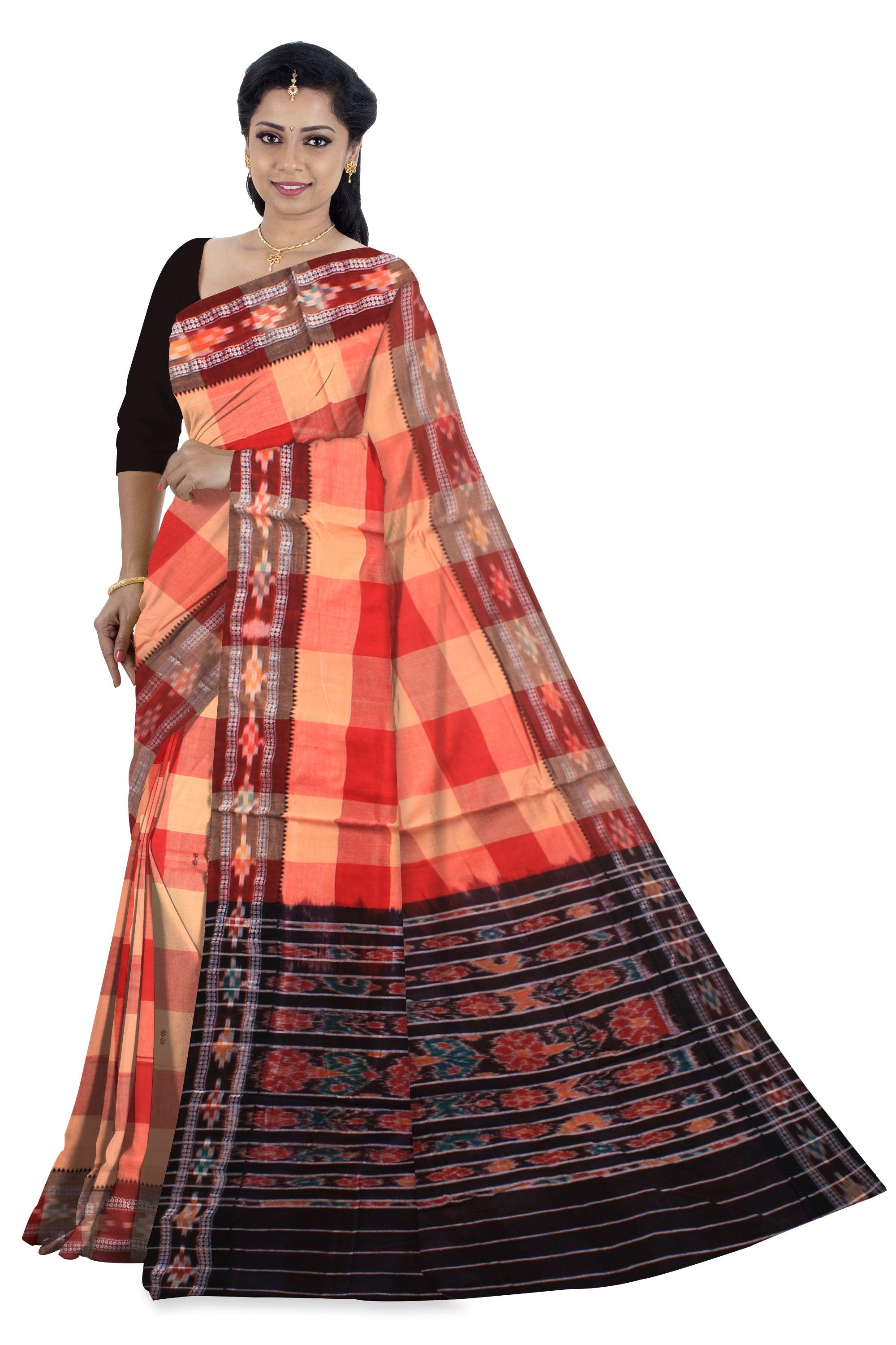 Sambalpuri Cotton saree in Red and Orange color with avaliable blouse piece. - Koshali Arts & Crafts Enterprise