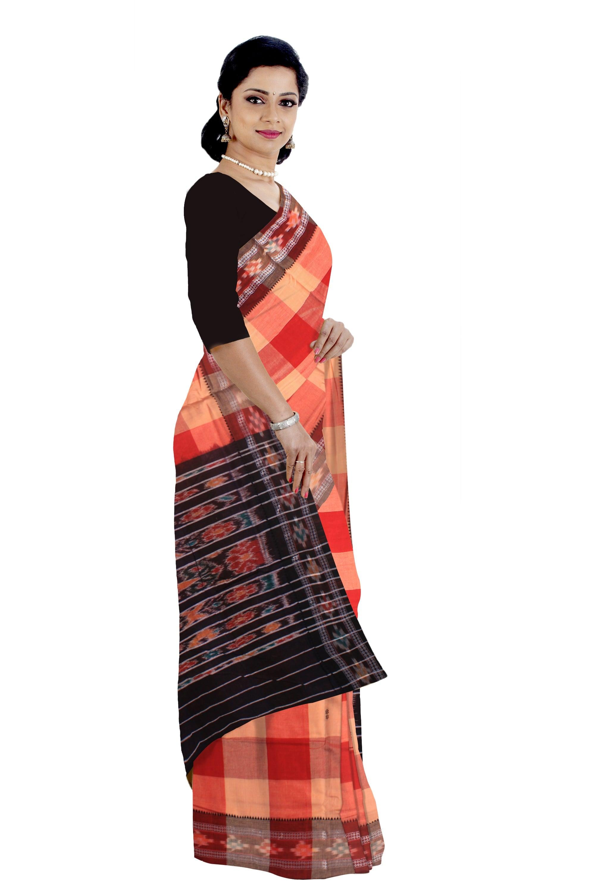 Sambalpuri Cotton saree in Red and Orange color with available blouse piece. - Koshali Arts & Crafts Enterprise