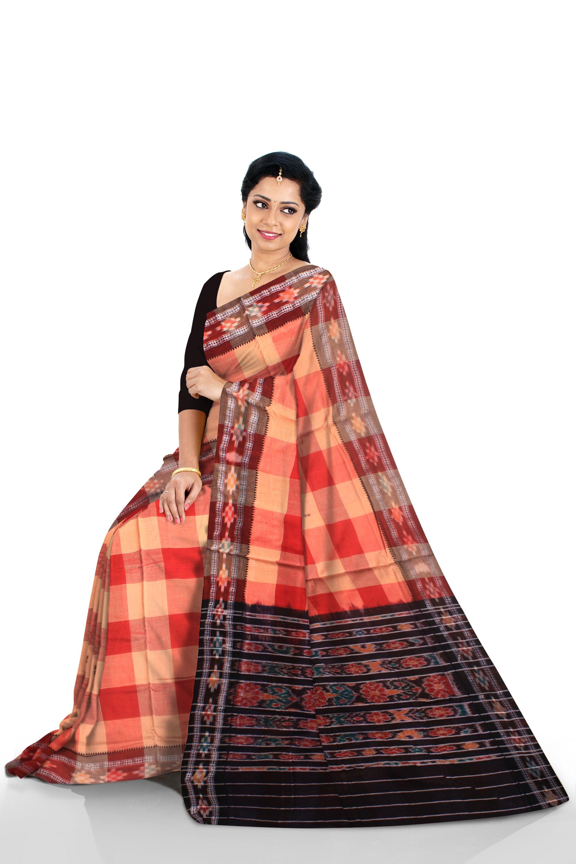 Sambalpuri Cotton saree in Red and Orange color with avaliable blouse piece. - Koshali Arts & Crafts Enterprise