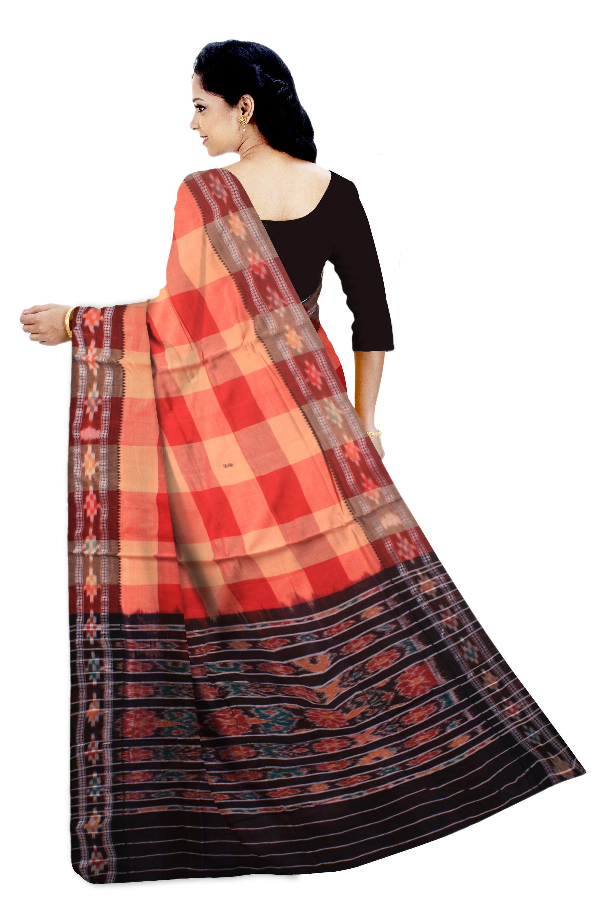 Sambalpuri Cotton saree in Red and Orange color with avaliable blouse piece. - Koshali Arts & Crafts Enterprise