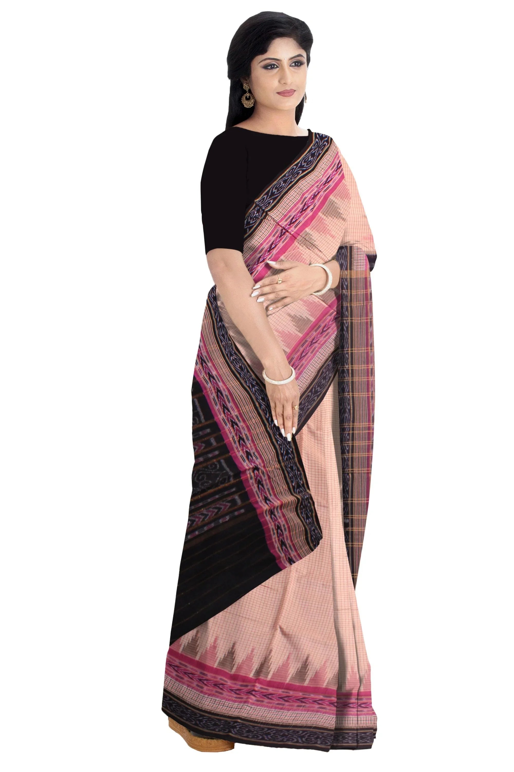 A sambalpuri cotton saree in light brown and black color plain design - Koshali Arts & Crafts Enterprise