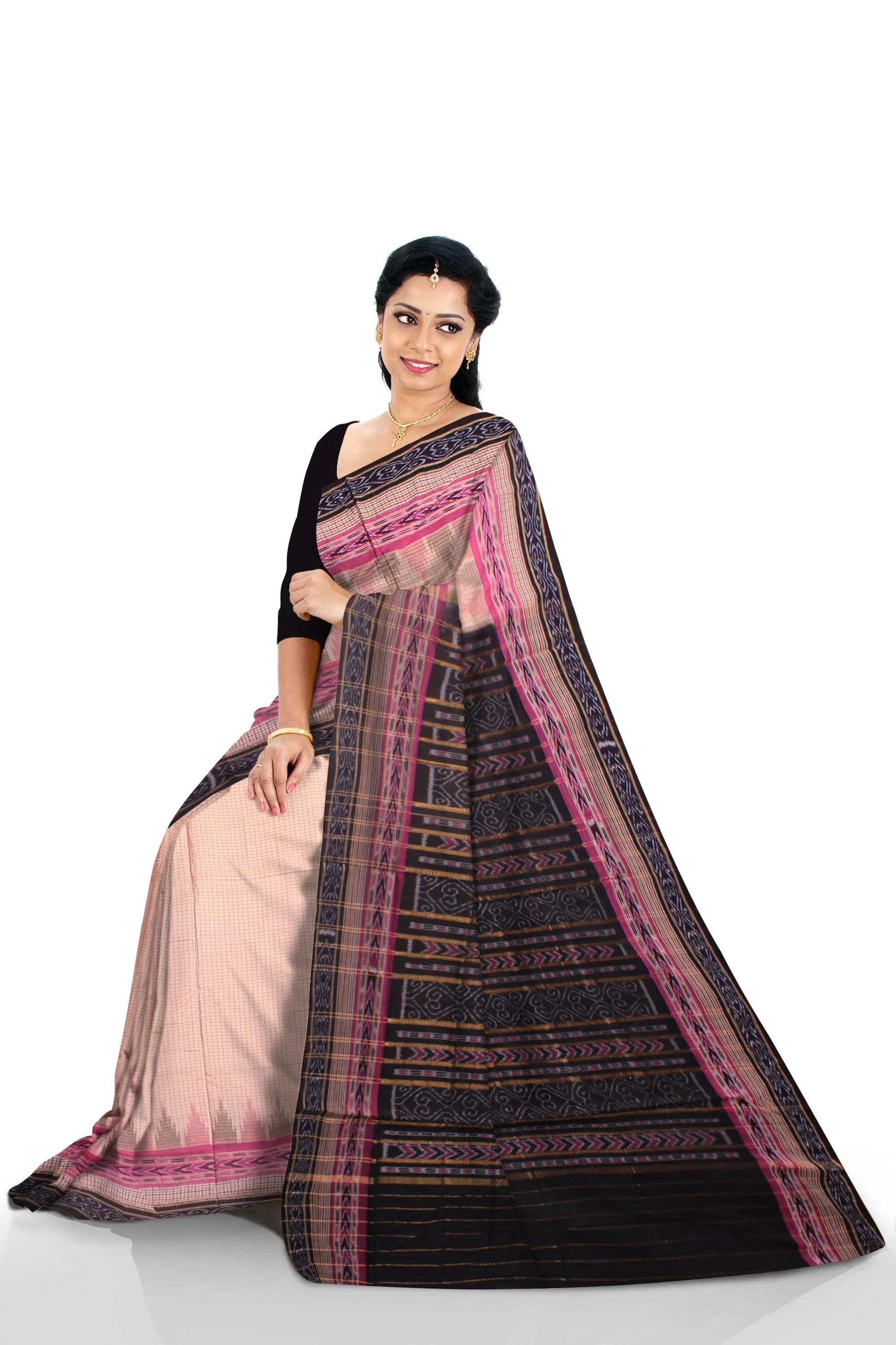 A sambalpuri cotton saree in light brown and black color plain design - Koshali Arts & Crafts Enterprise
