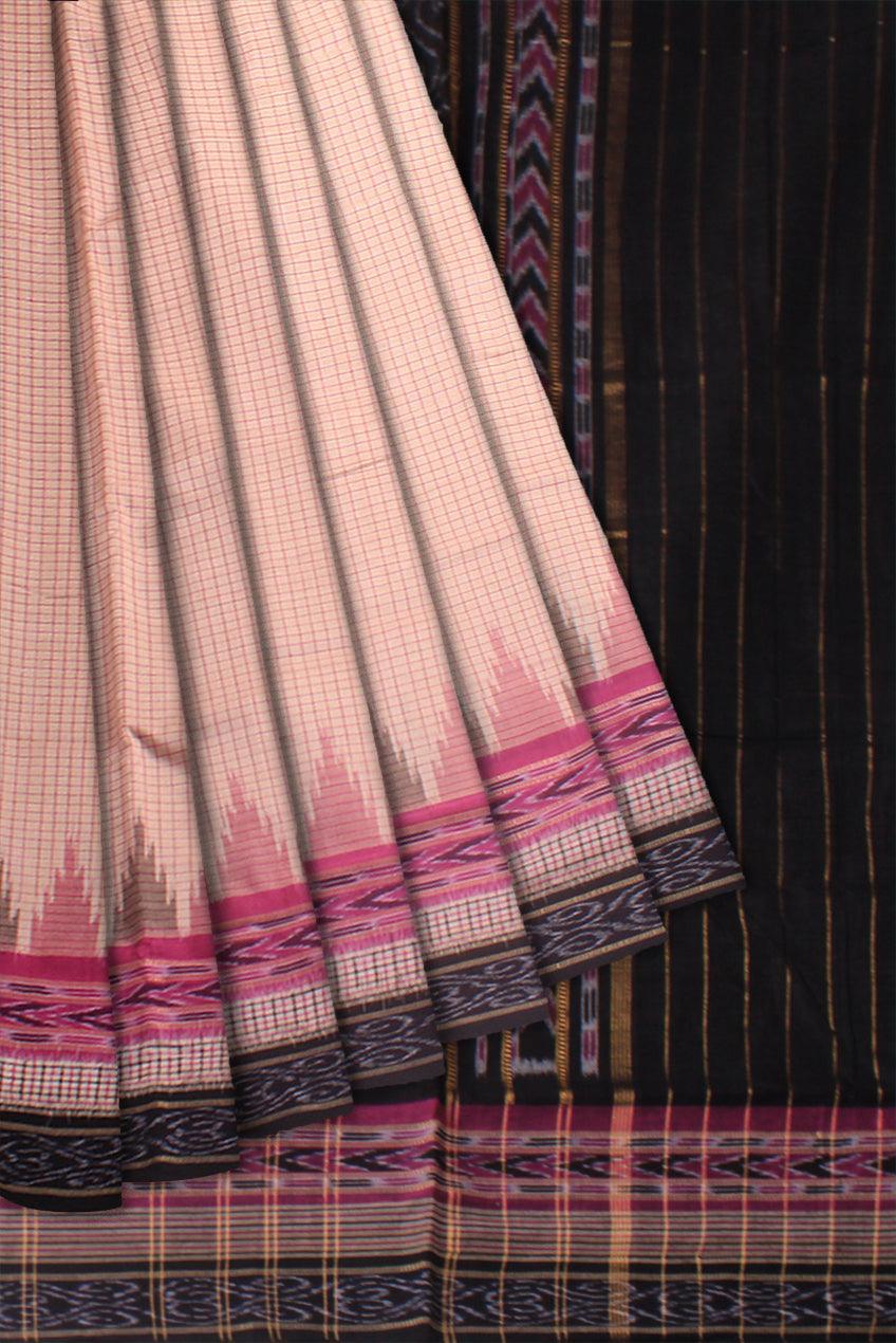 A sambalpuri cotton saree in light brown and black color plain design - Koshali Arts & Crafts Enterprise