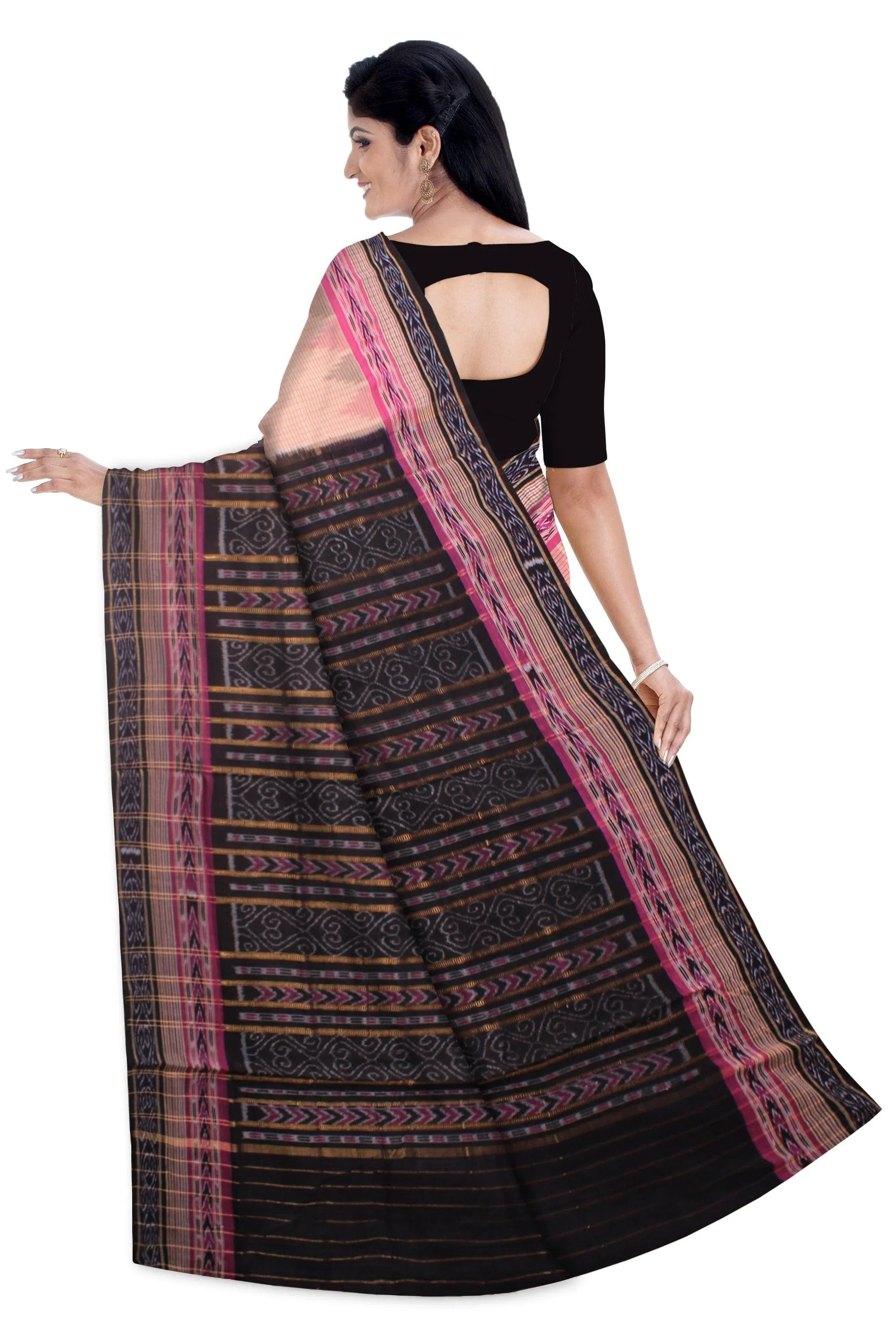 A sambalpuri cotton saree in light brown and black color plain design - Koshali Arts & Crafts Enterprise