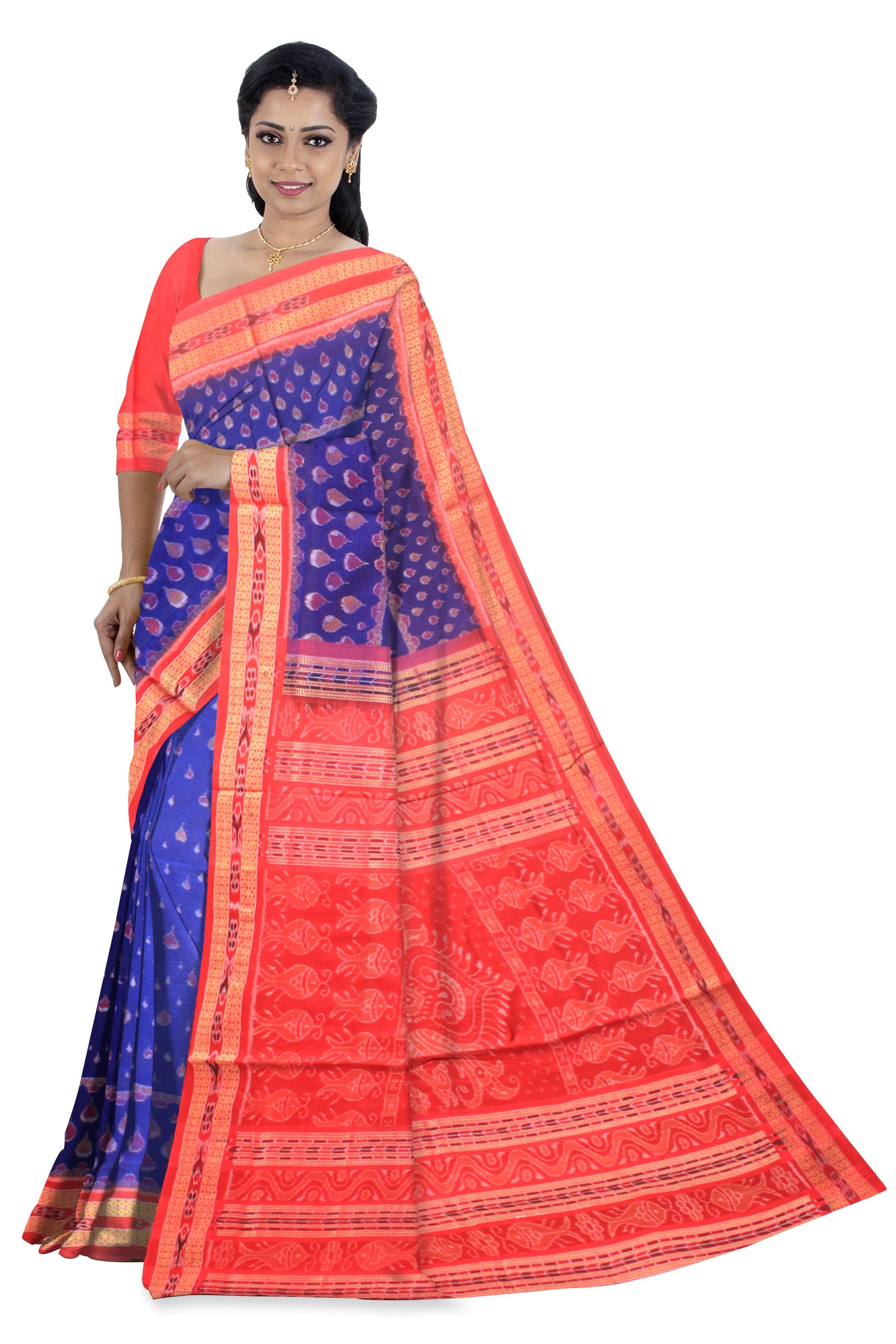 Sambalpuri Cotton Saree in Dark blue and red Color , with blouse piece. - Koshali Arts & Crafts Enterprise