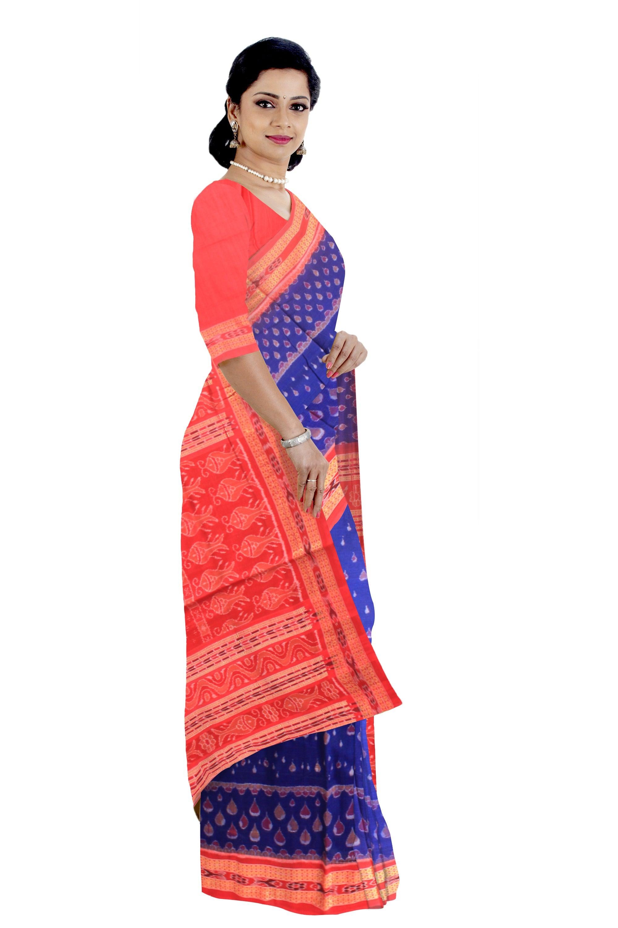 Sambalpuri Cotton Saree in Dark blue and red Color , with blouse piece. - Koshali Arts & Crafts Enterprise