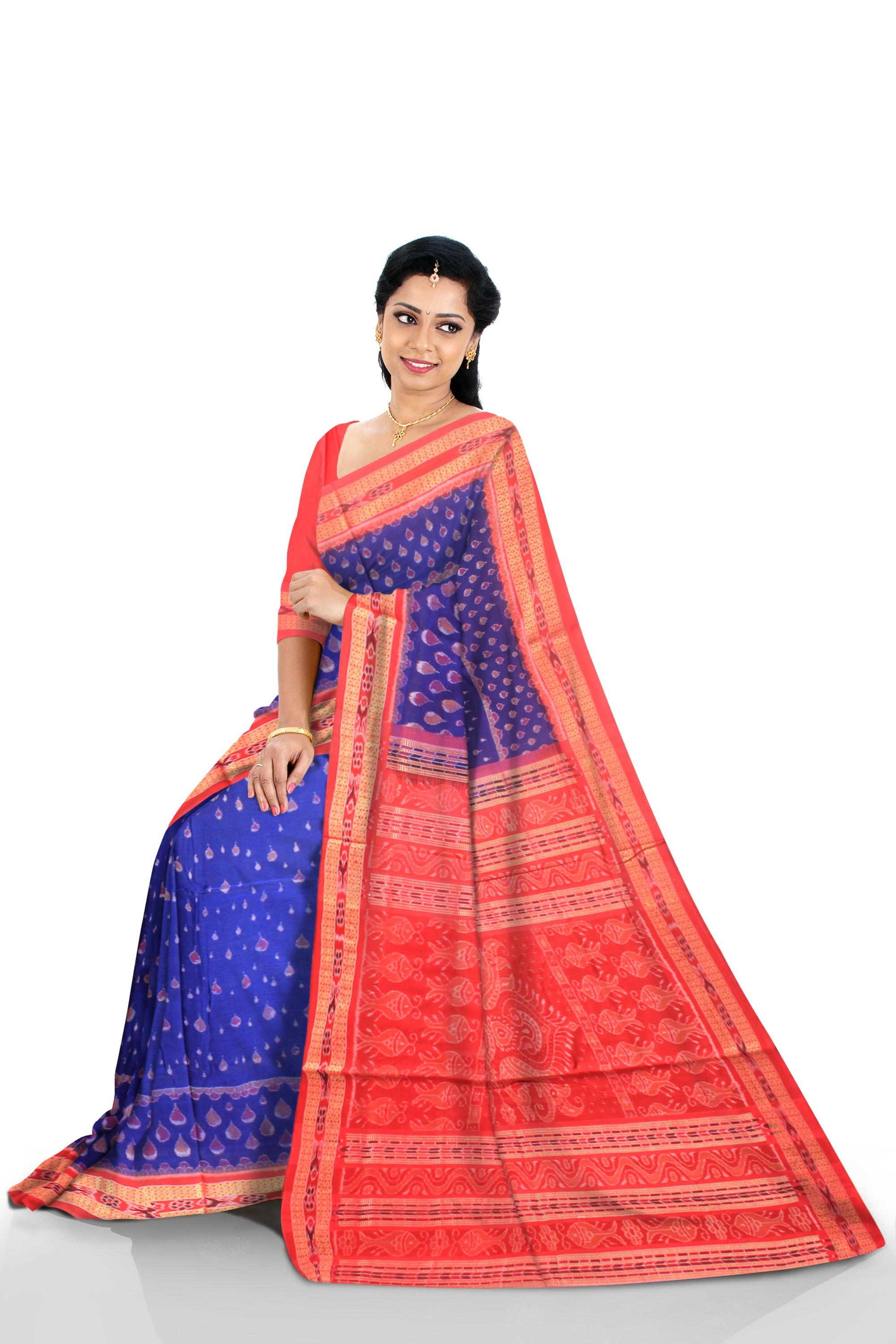 Sambalpuri Cotton Saree in Dark blue and red Color , with blouse piece. - Koshali Arts & Crafts Enterprise