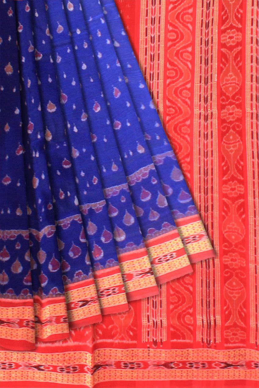 Sambalpuri Cotton Saree in Dark blue and red Color , with blouse piece. - Koshali Arts & Crafts Enterprise